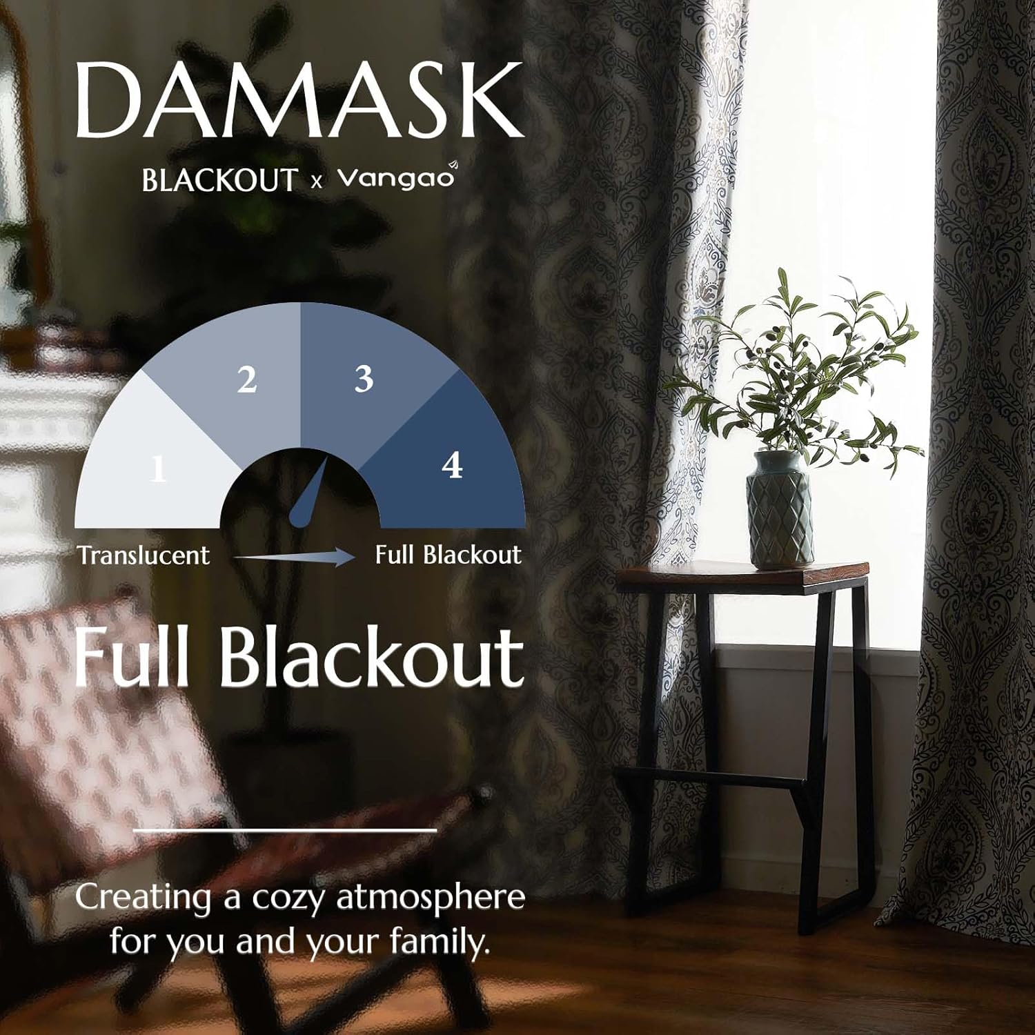 Vangao Damask Curtains 2 Panels 63 Inch Blue on Beige