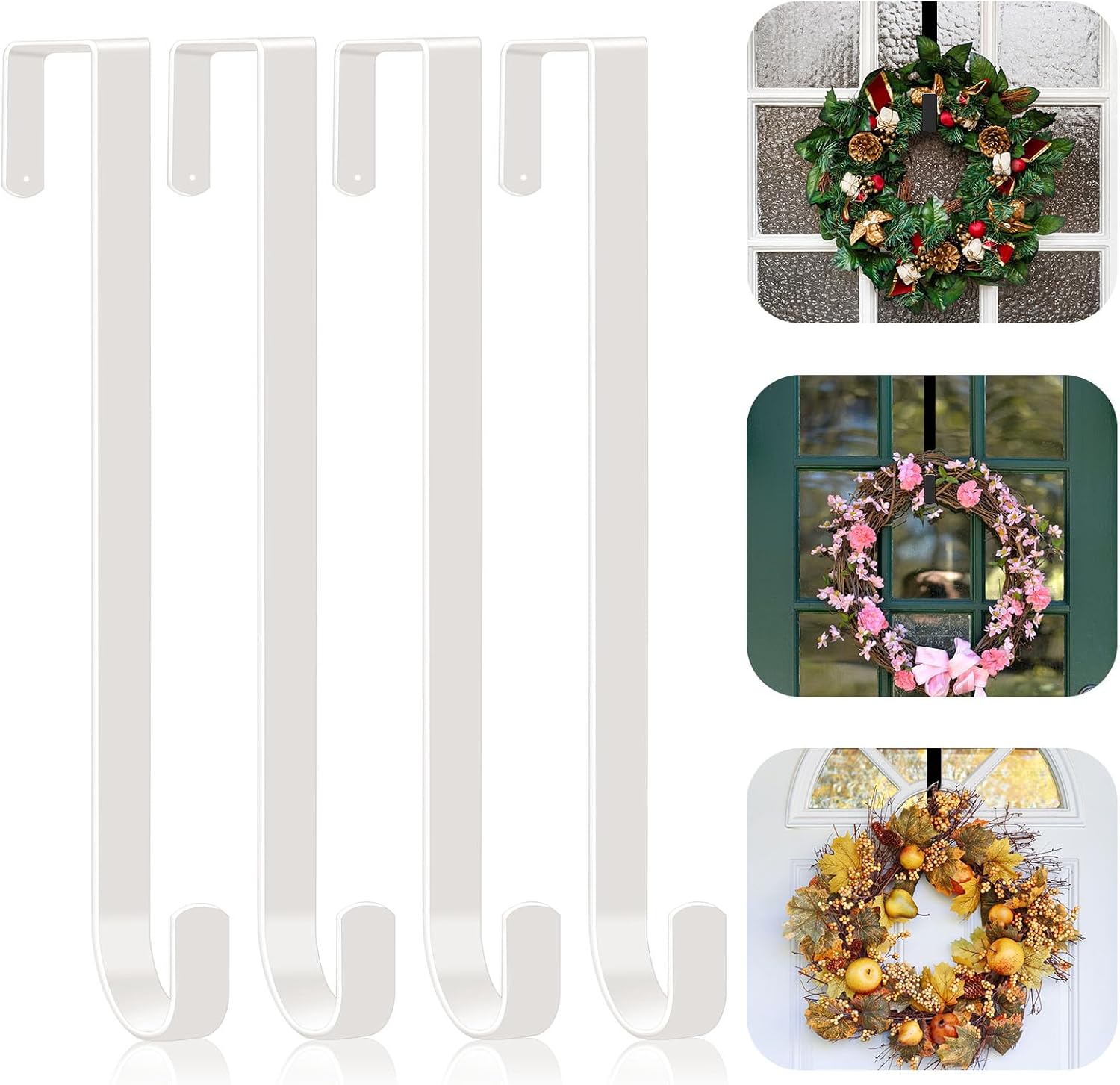 4 Pack Wreath Hangers for Front Door - White