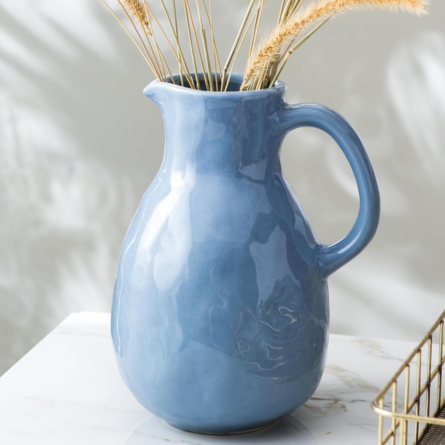 Kimdio Blue Ceramic Pitcher Vase with Handle