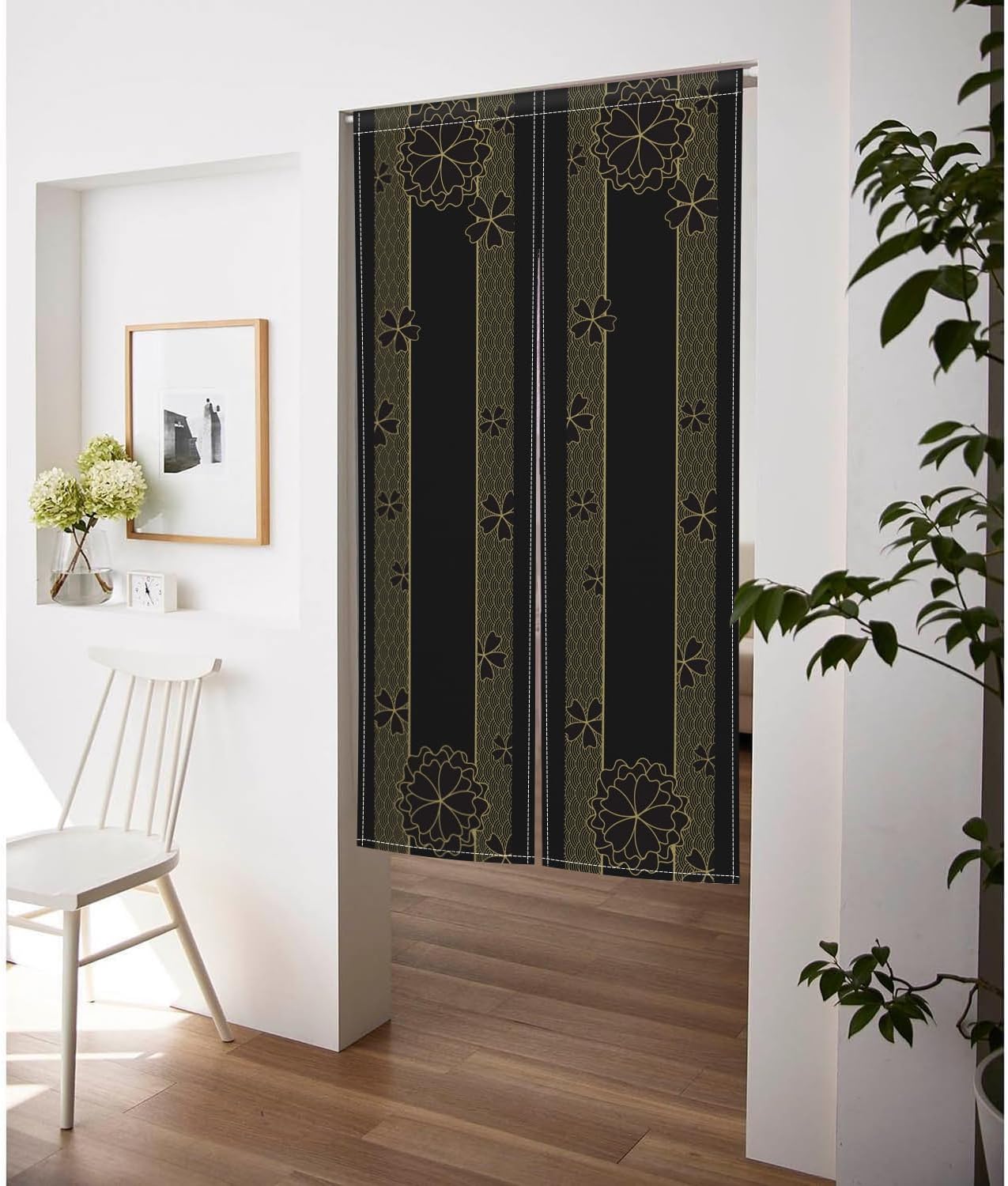 Noren Door Curtain with Gold Flowers Pattern 34x60 Inches