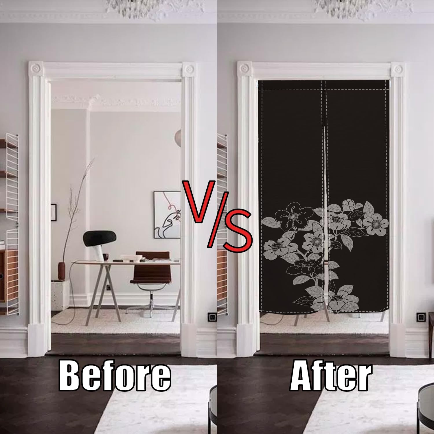 Japanese Door Curtain with Blooming Flowers Design