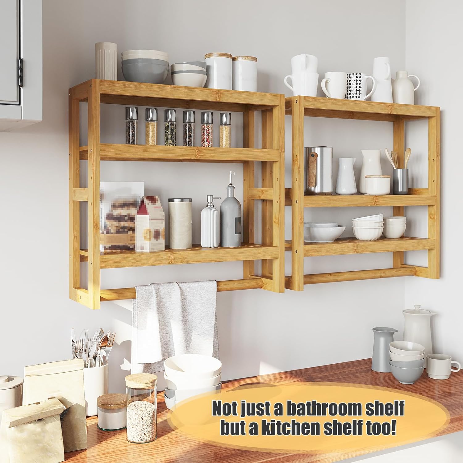 Bathroom Shelves with Hanging Bar Over Toilet - Adjustable Wall Organizer Natural