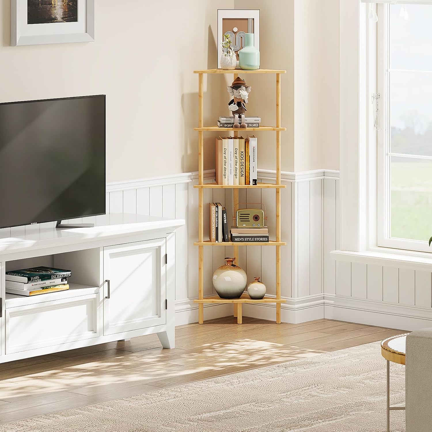 HOOBRO 5-Tier Bamboo Corner Bookshelf Stand