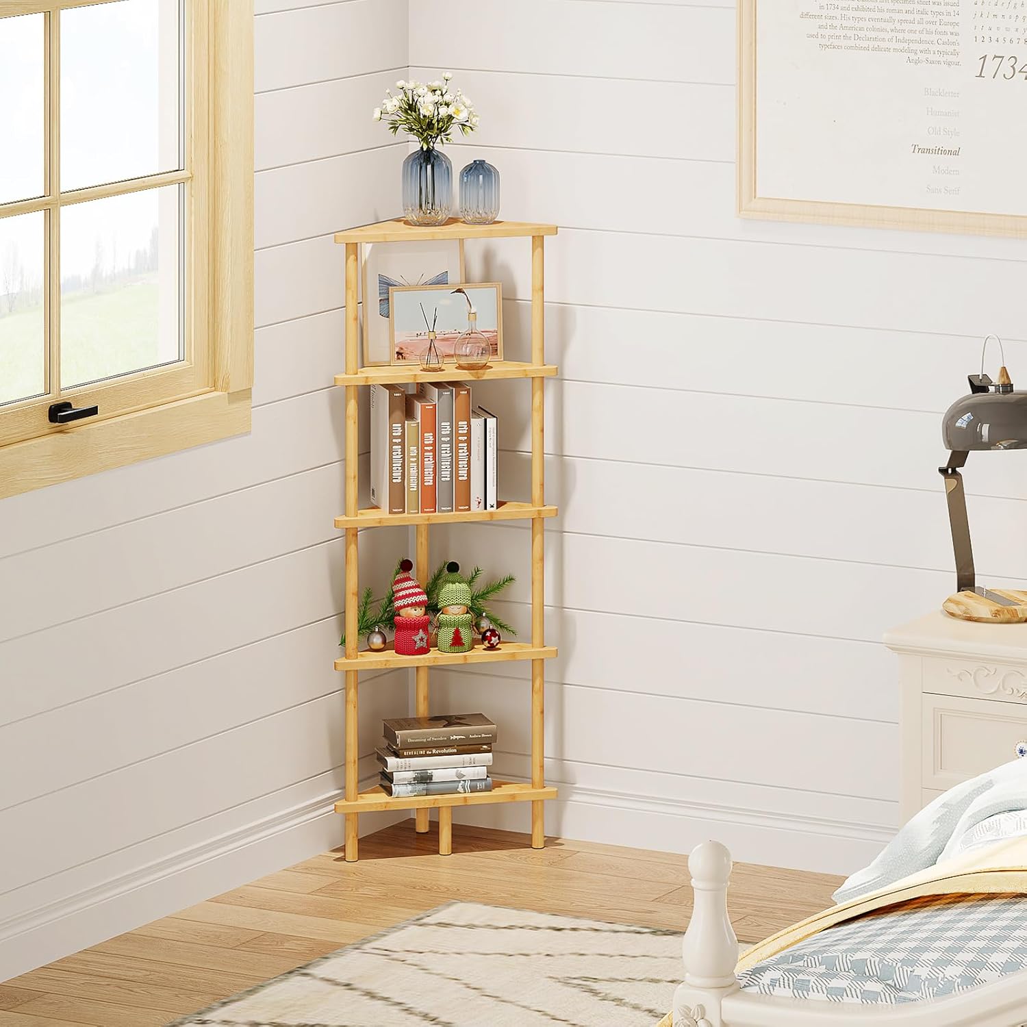 HOOBRO 5-Tier Bamboo Corner Bookshelf Stand