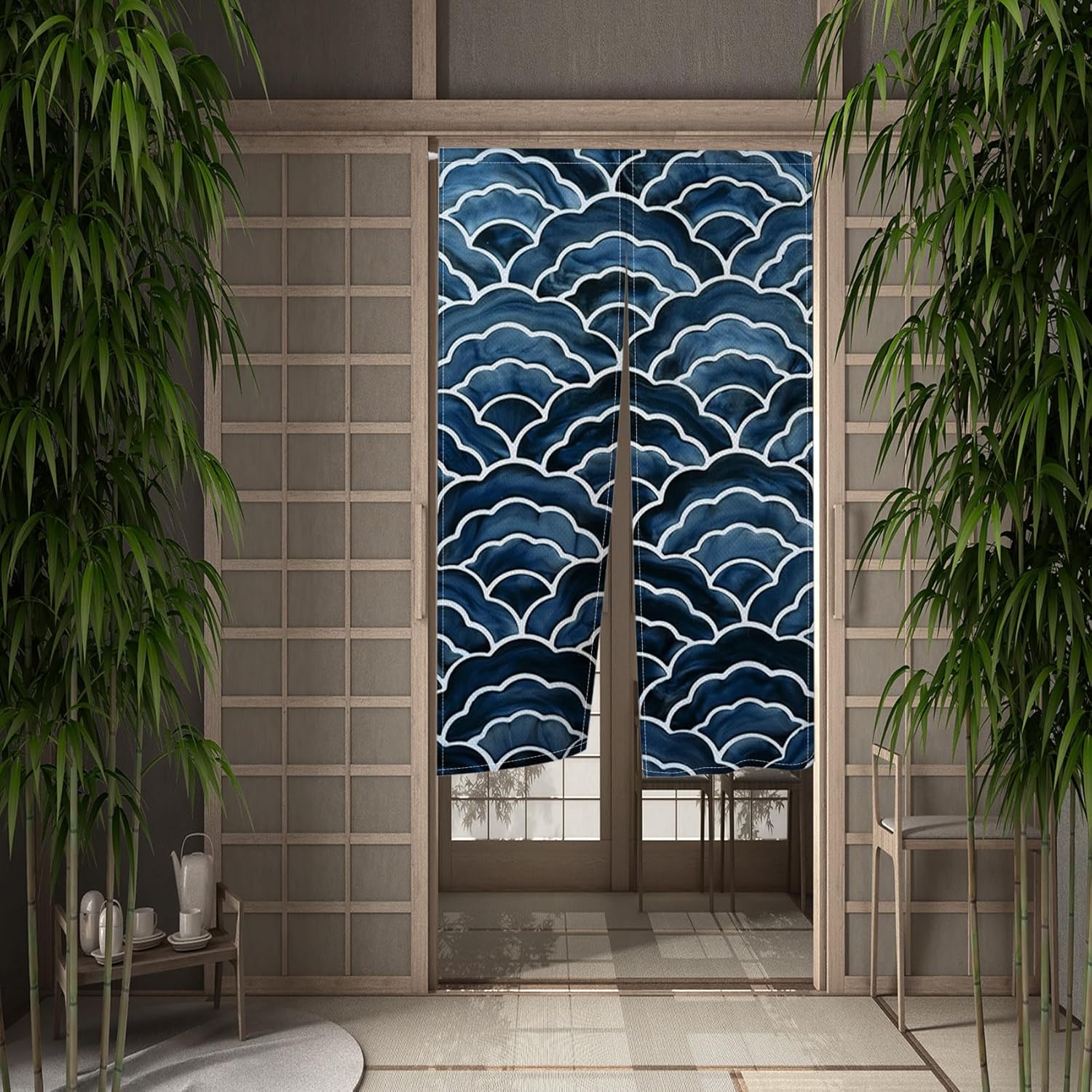 Dark Blue Noren Door Curtain with Wave Print