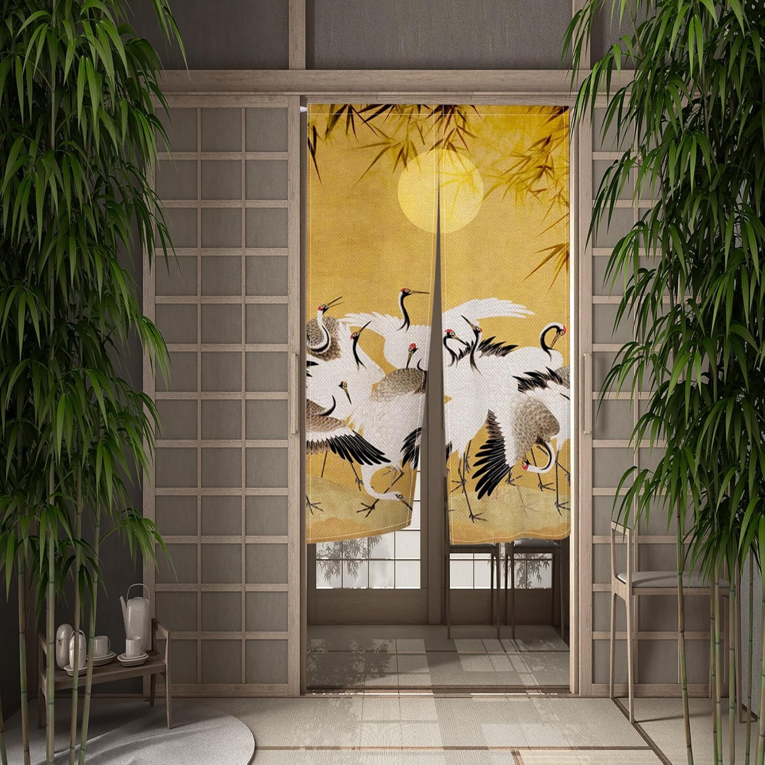 Japanese Style Cranes Full Moon Bamboo Door Curtain 34x60