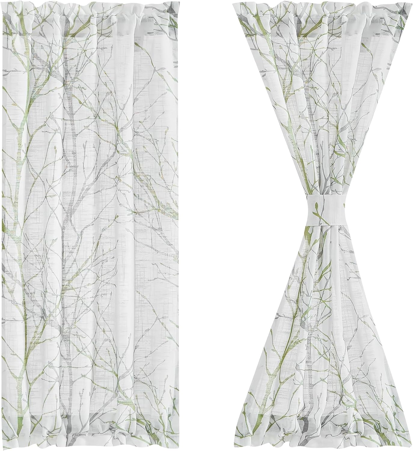 FMFUNCTEX Sheer French Door Curtain Panel 50x40 Green White Tree Print