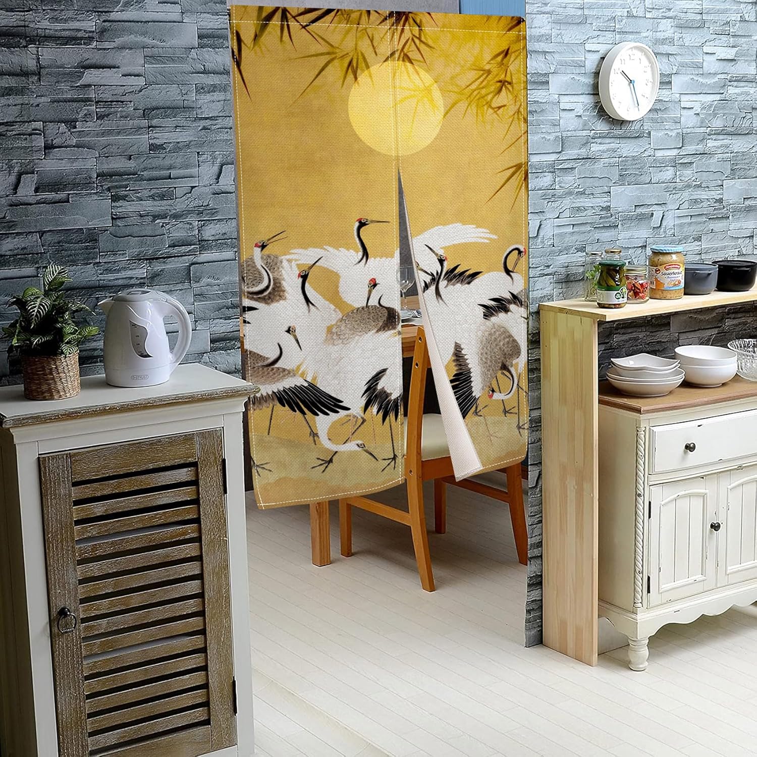 Japanese Style Cranes Full Moon Bamboo Door Curtain 34x60