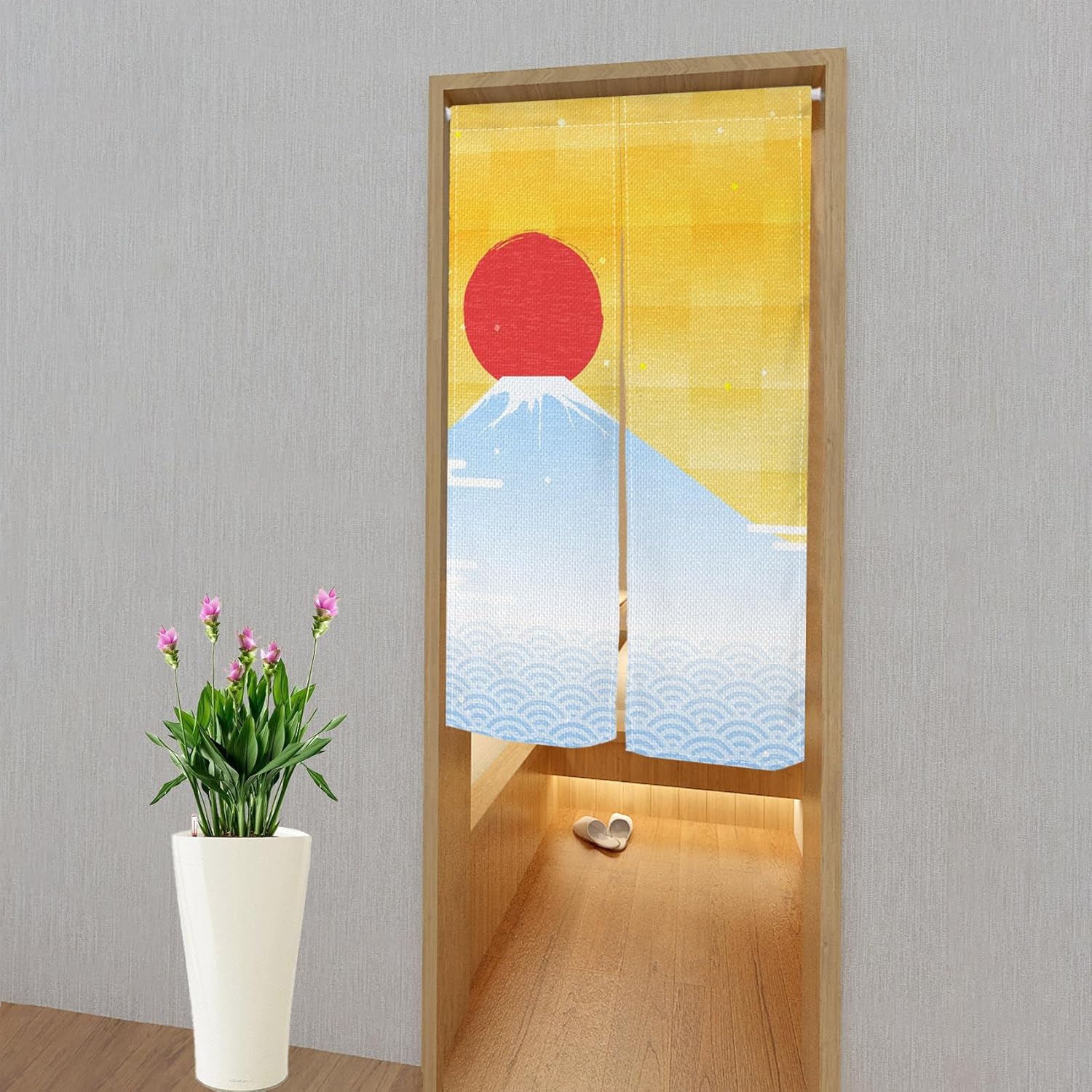 Traditional Japanese Noren Door Curtain with Cartoon Red Moon Wave Print