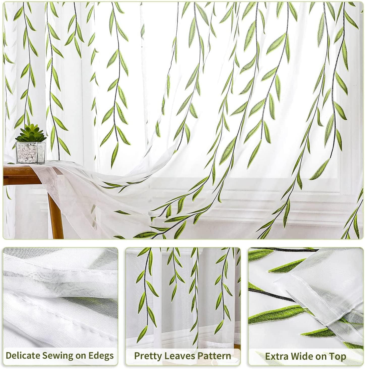 108 Inch Sheer Curtains with Green Leaf Pattern 2 Panels Set