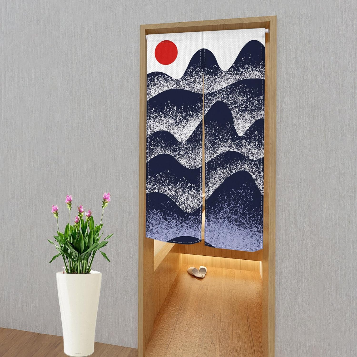 Japanese Noren Door Curtain with Sunset Mountain Landscape Design