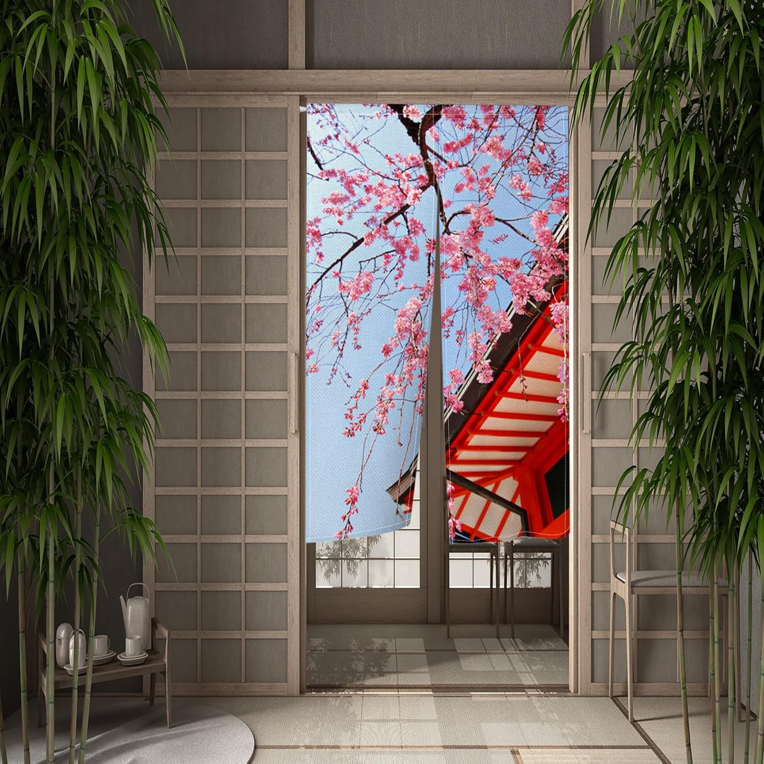 Leowefowa Japanese Noren Doorway Curtain Pink Cherry Blossom Panel 34x60
