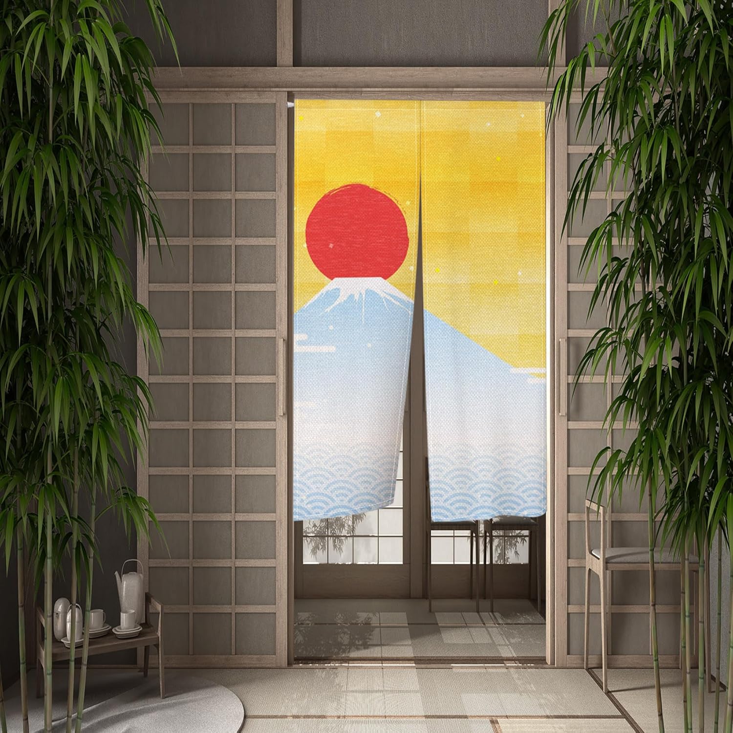 Traditional Japanese Noren Door Curtain with Cartoon Red Moon Wave Print
