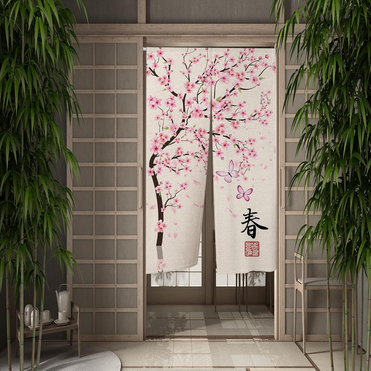 Leowefowa Cherry Blossom Noren Door Curtain