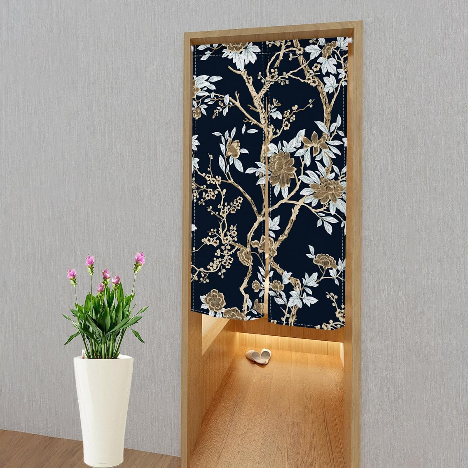Japanese Doorway Curtain Panel 34x60 Inches Bloomy Flowers
