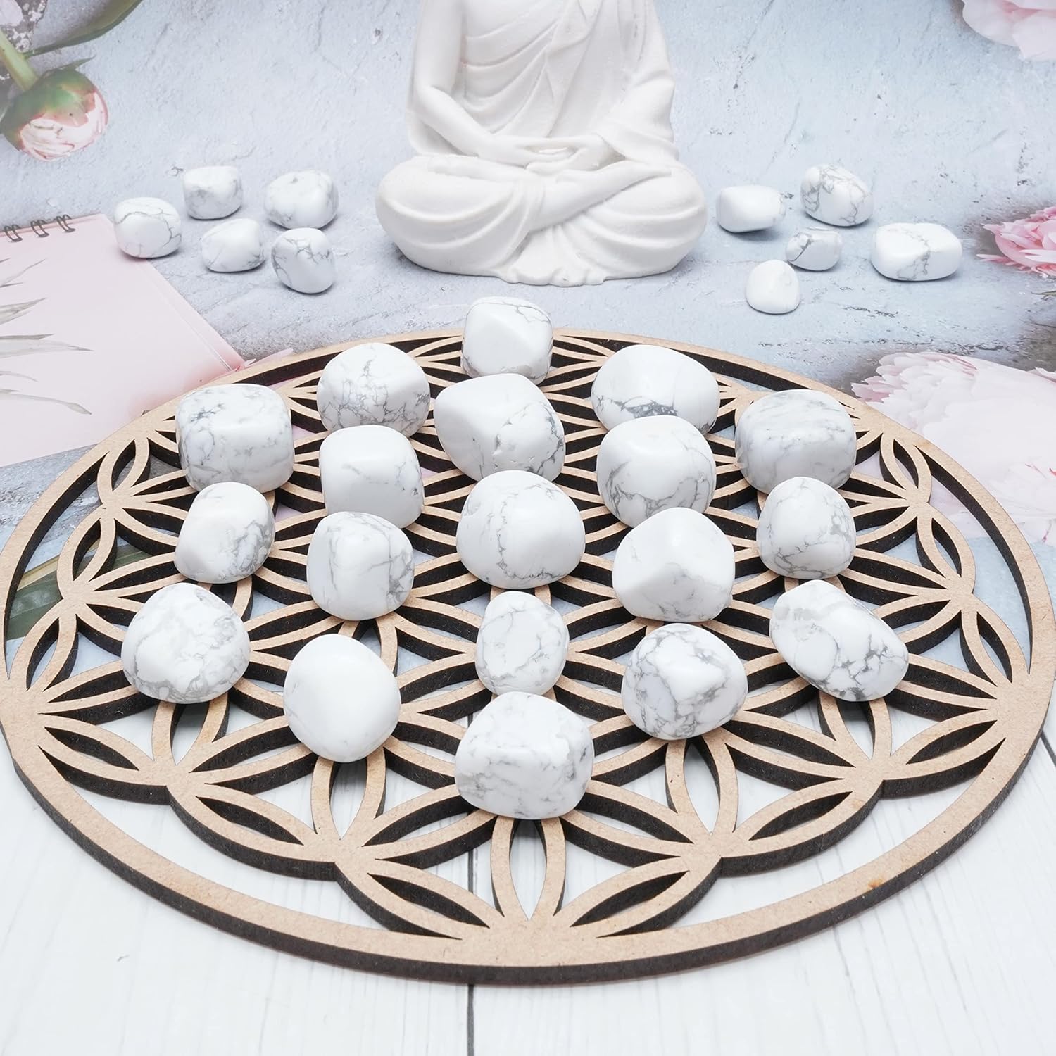 Howlite Tumbled Stones - 13 Pieces Set - Reiki Healing Home Decor