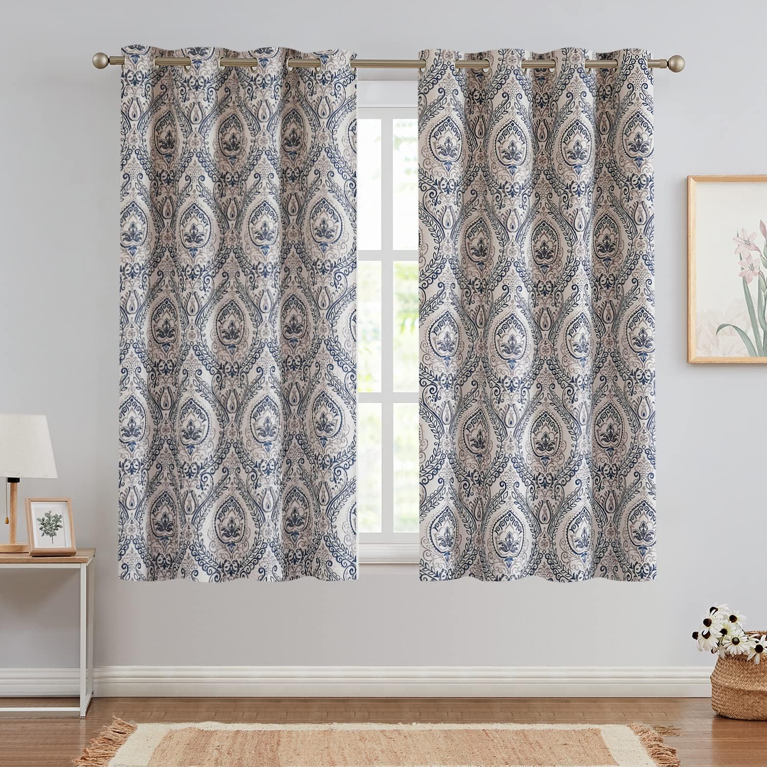 Vangao Damask Curtains 2 Panels 63 Inch Blue on Beige
