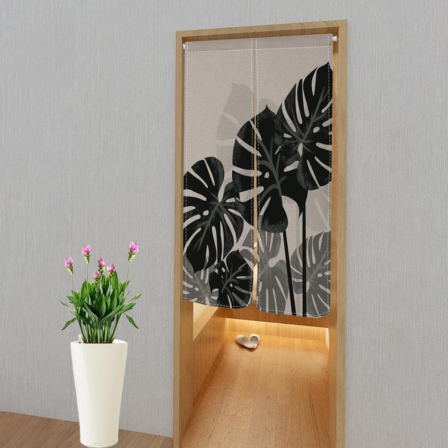 Leowefowa Japanese Noren Door Curtain with Tropical Leaves Pattern