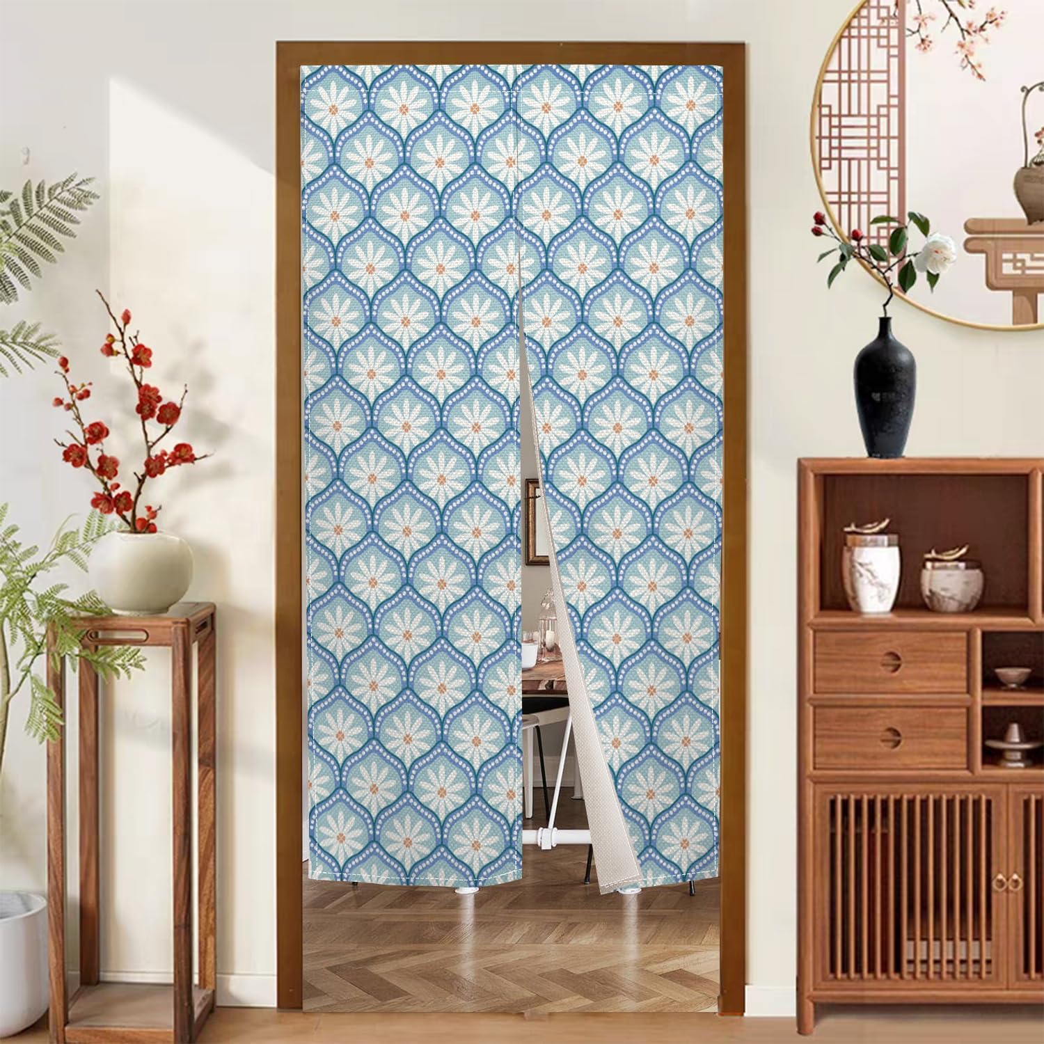 Traditional Japanese Noren Door Curtain 335x59 inch Blue Chrysanthemum