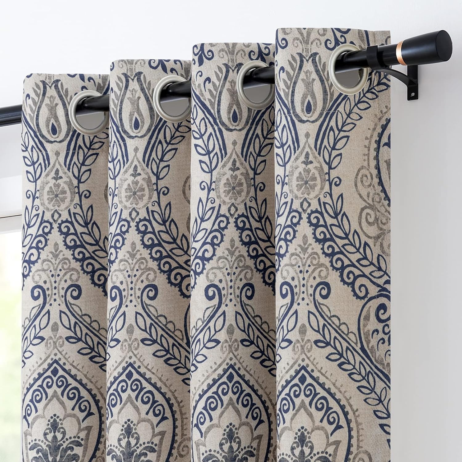 Vangao Damask Curtains 2 Panels 63 Inch Blue on Beige