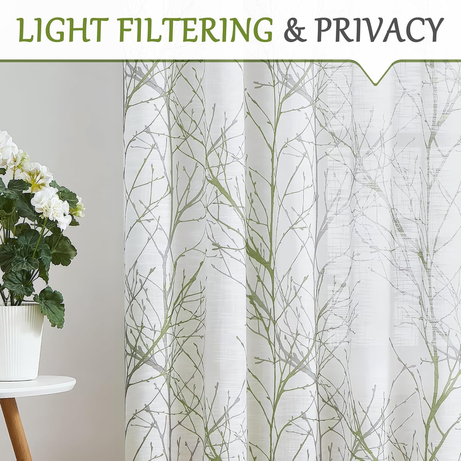 FMFUNCTEX Sheer French Door Curtain Panel 50x40 Green White Tree Print