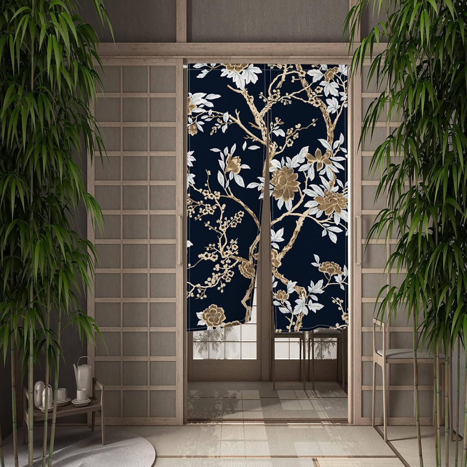 Japanese Doorway Curtain Panel 34x60 Inches Bloomy Flowers