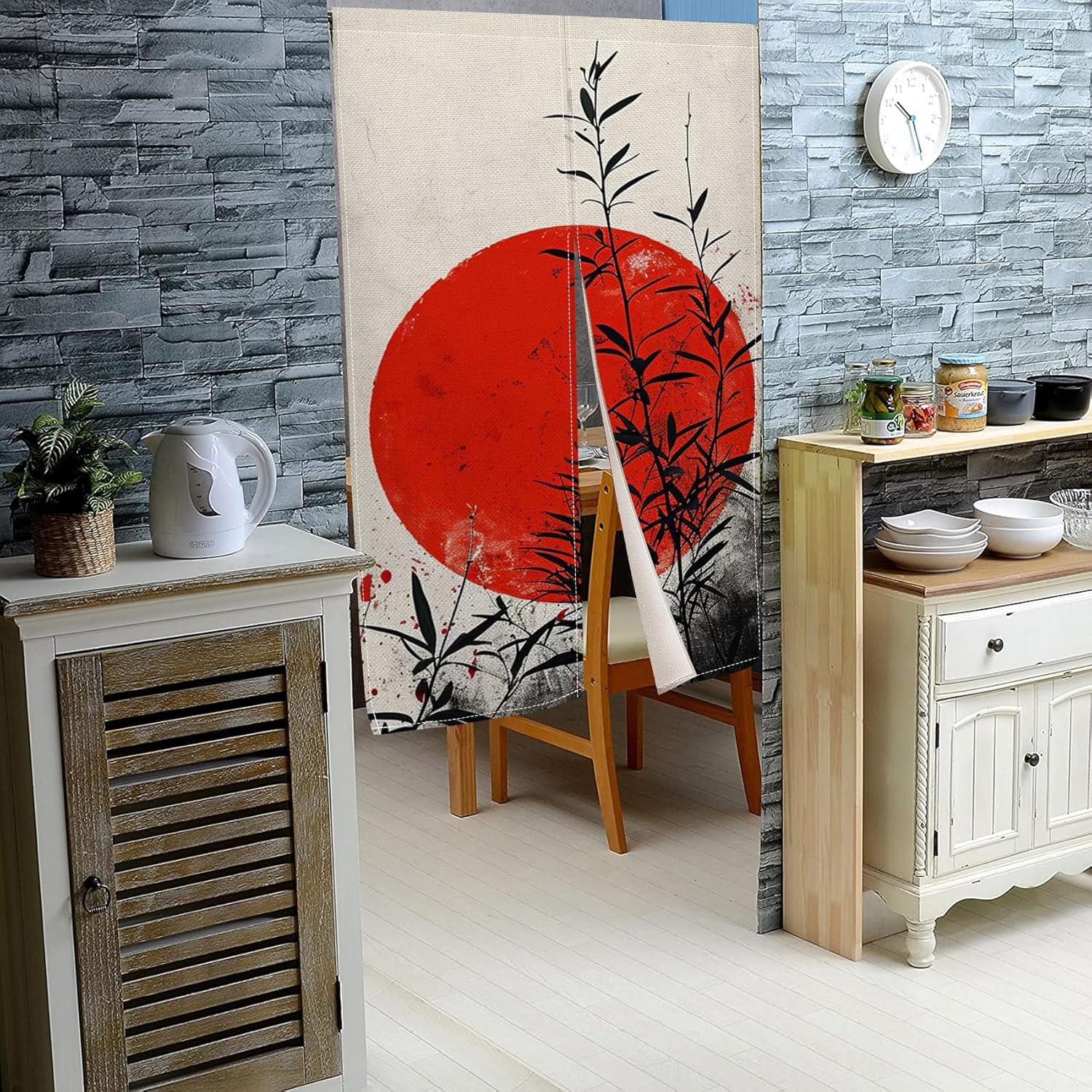 Japanese Noren Door Curtain with Red Moon Pattern