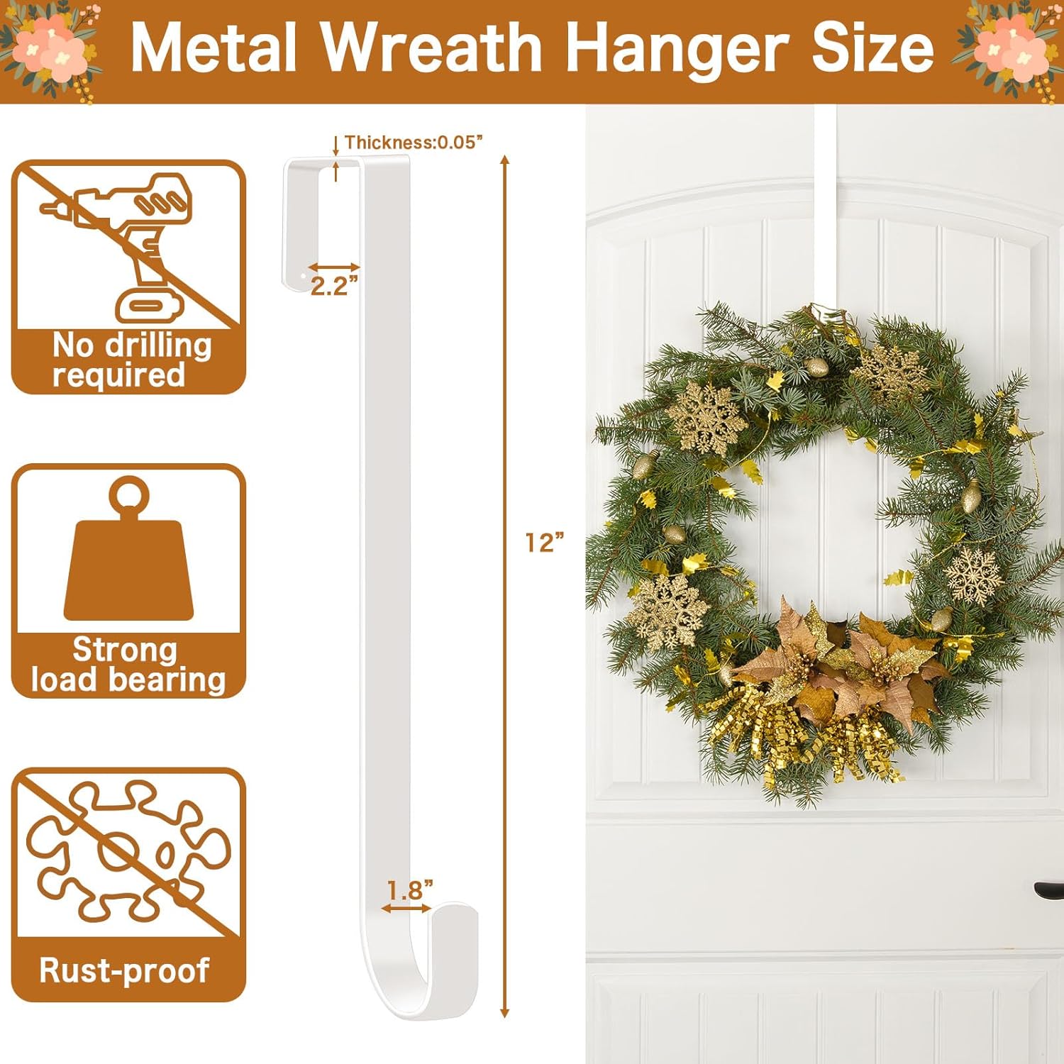 4 Pack Wreath Hangers for Front Door - White