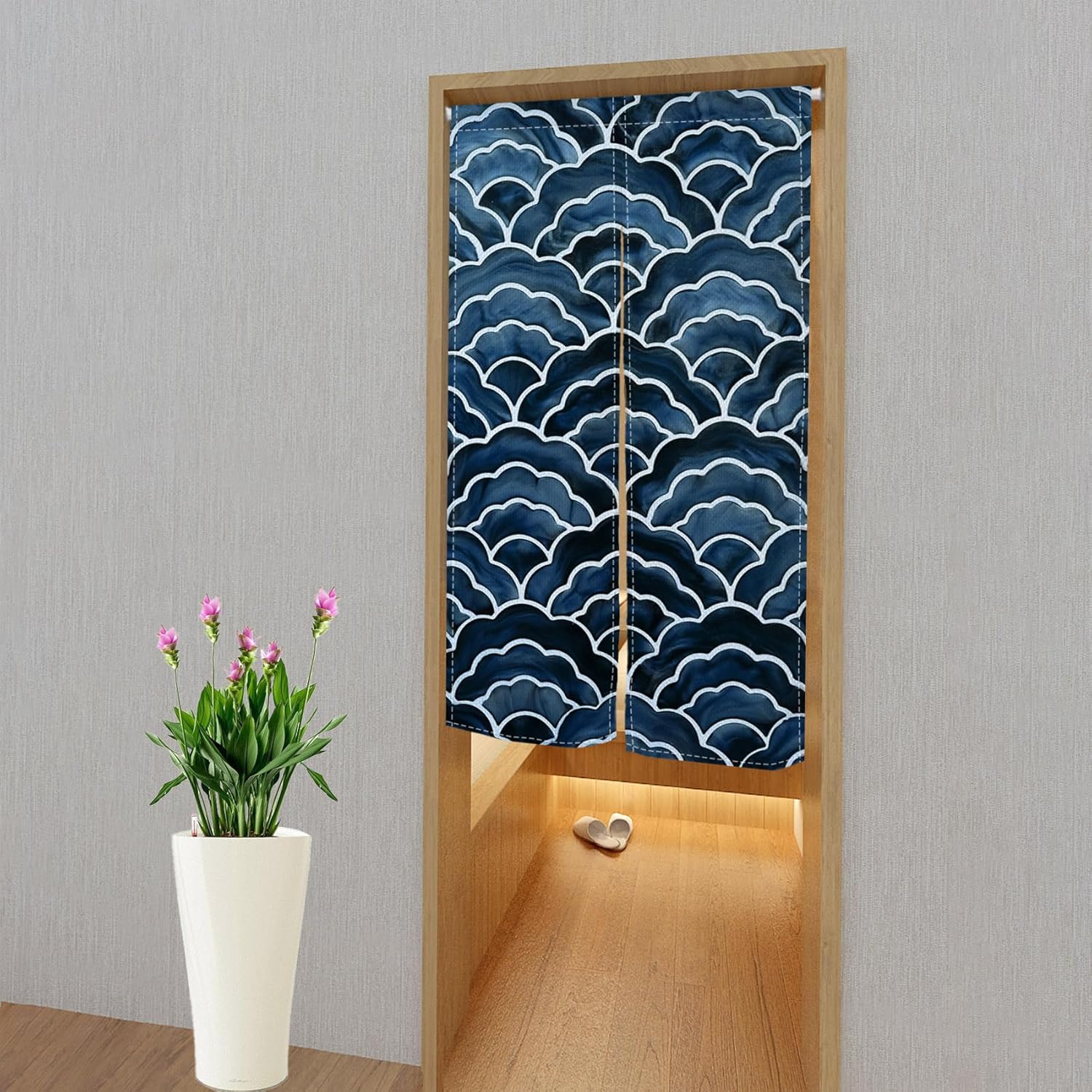 Dark Blue Noren Door Curtain with Wave Print