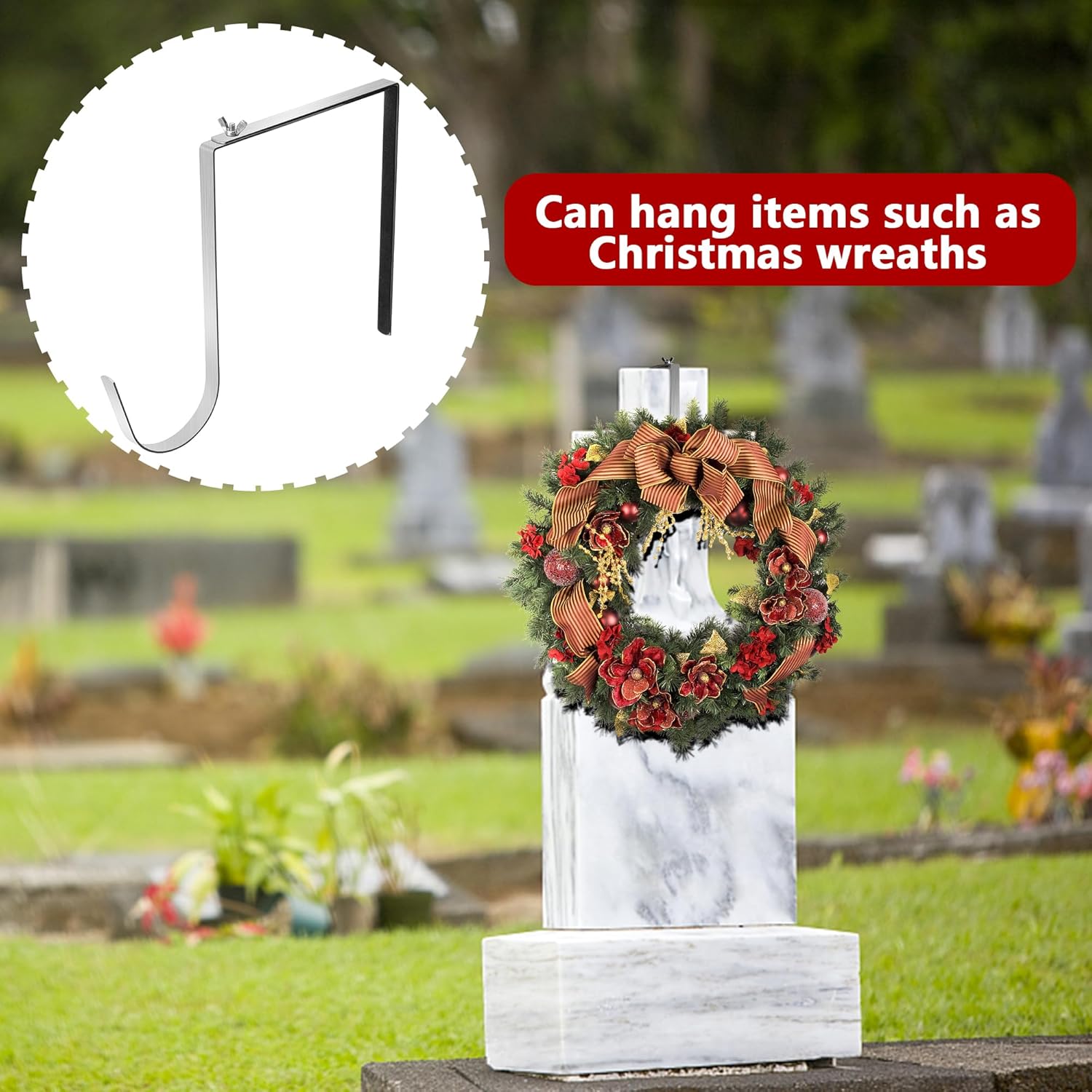 Christmas Headstone Wreath Hanger - Adjustable 6-11 Inch