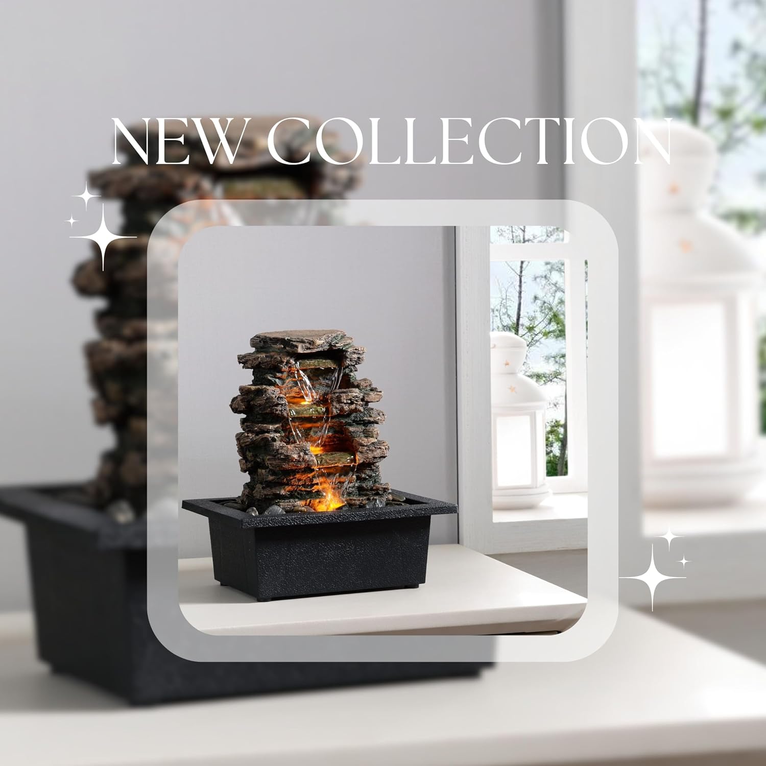 MAOCHI Tabletop Water Fountain with Automatic Pump and Natural River Rocks