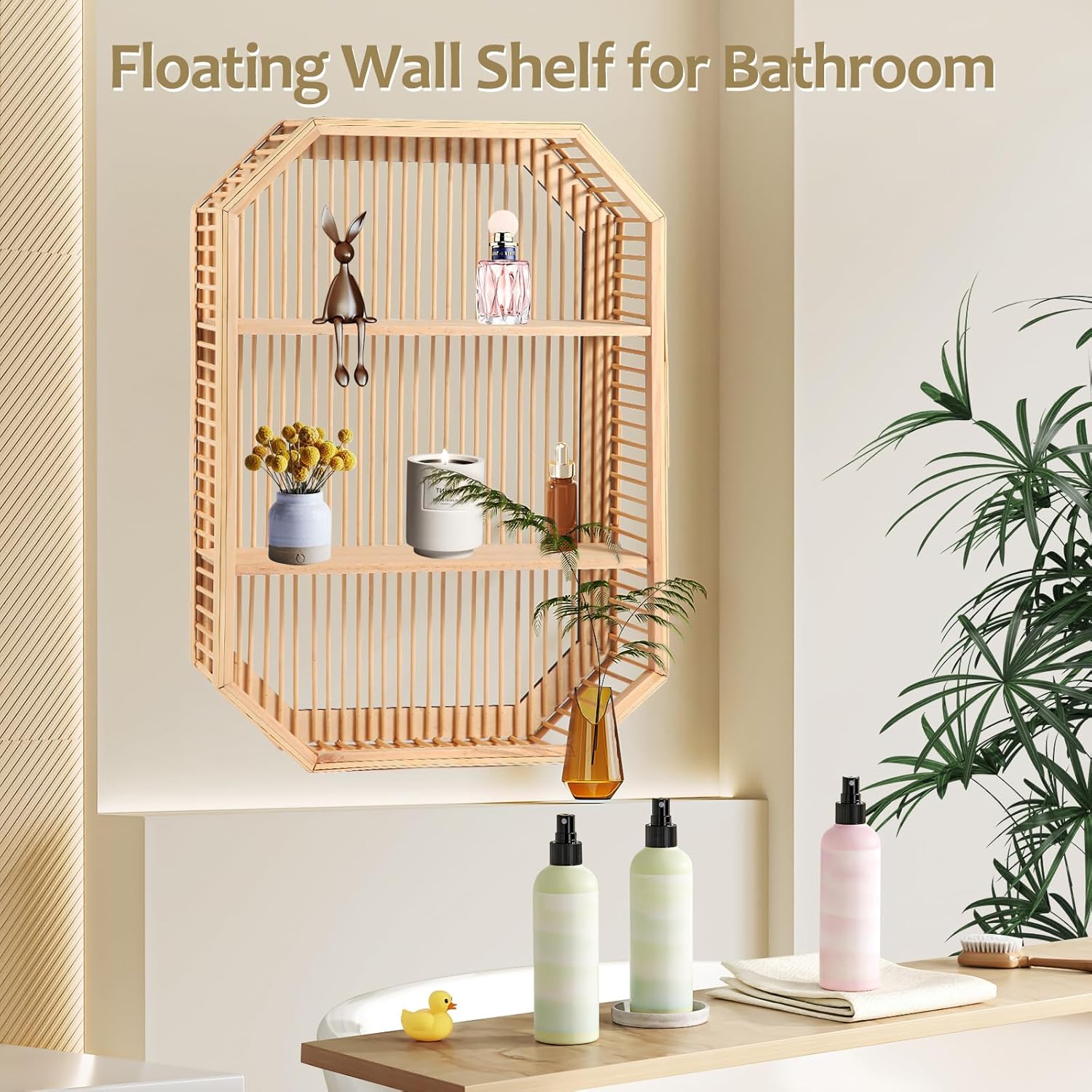 TOEEBR Square Floating Wall Shelf 2 Tier Bamboo Decor