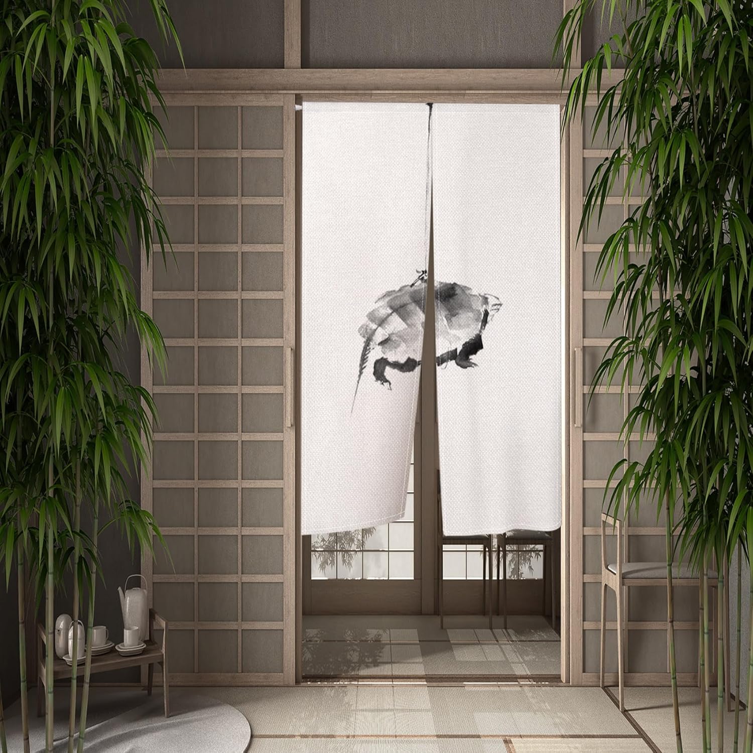 Long Japanese Noren Door Curtain Turtle White