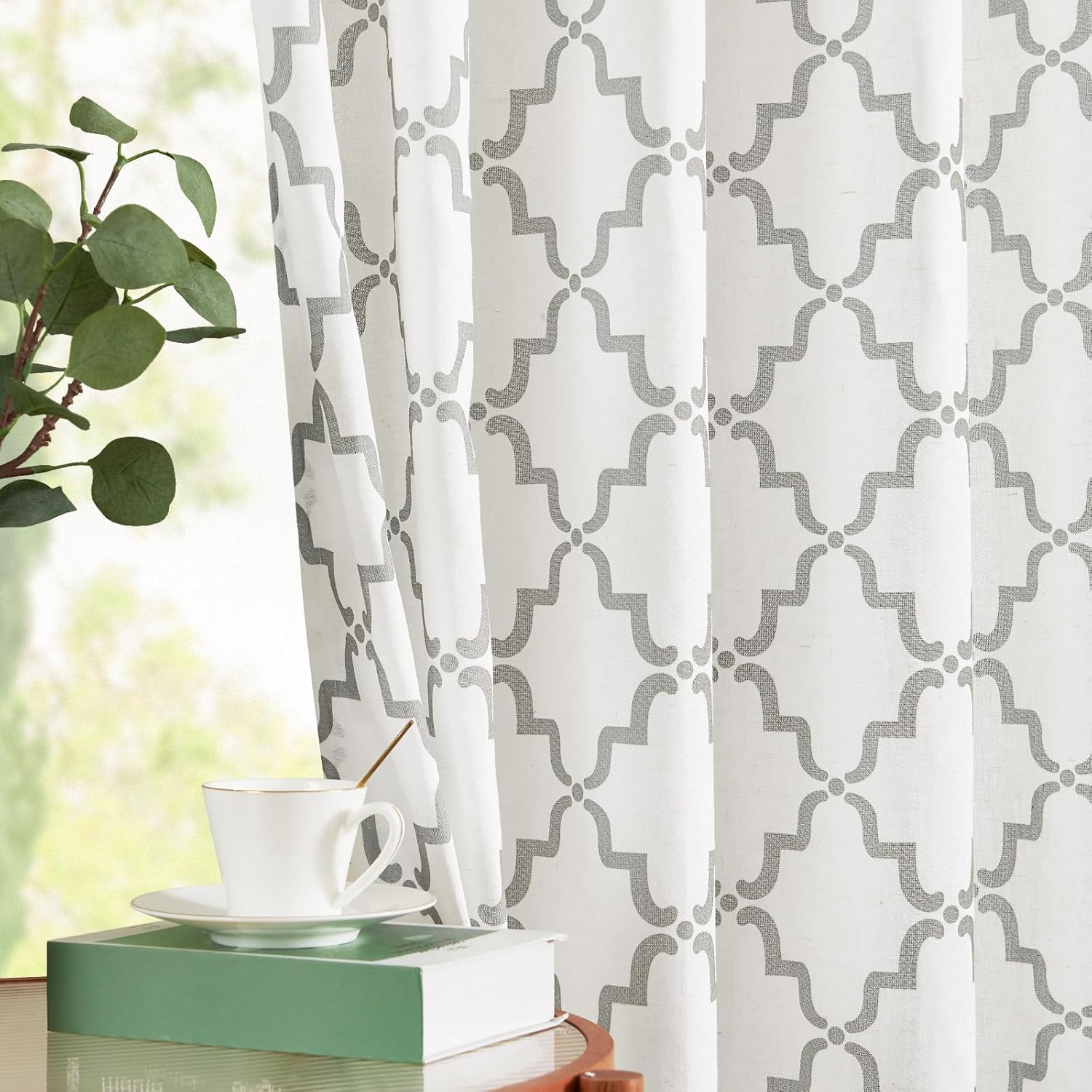Jinchan Linen Curtains Moroccan Trellis Print Grey 2 Panels Rod Pocket