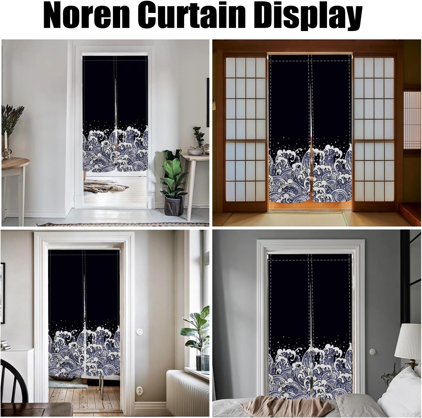Noren Doorway Curtain Navy Blue Waves Pattern Panel