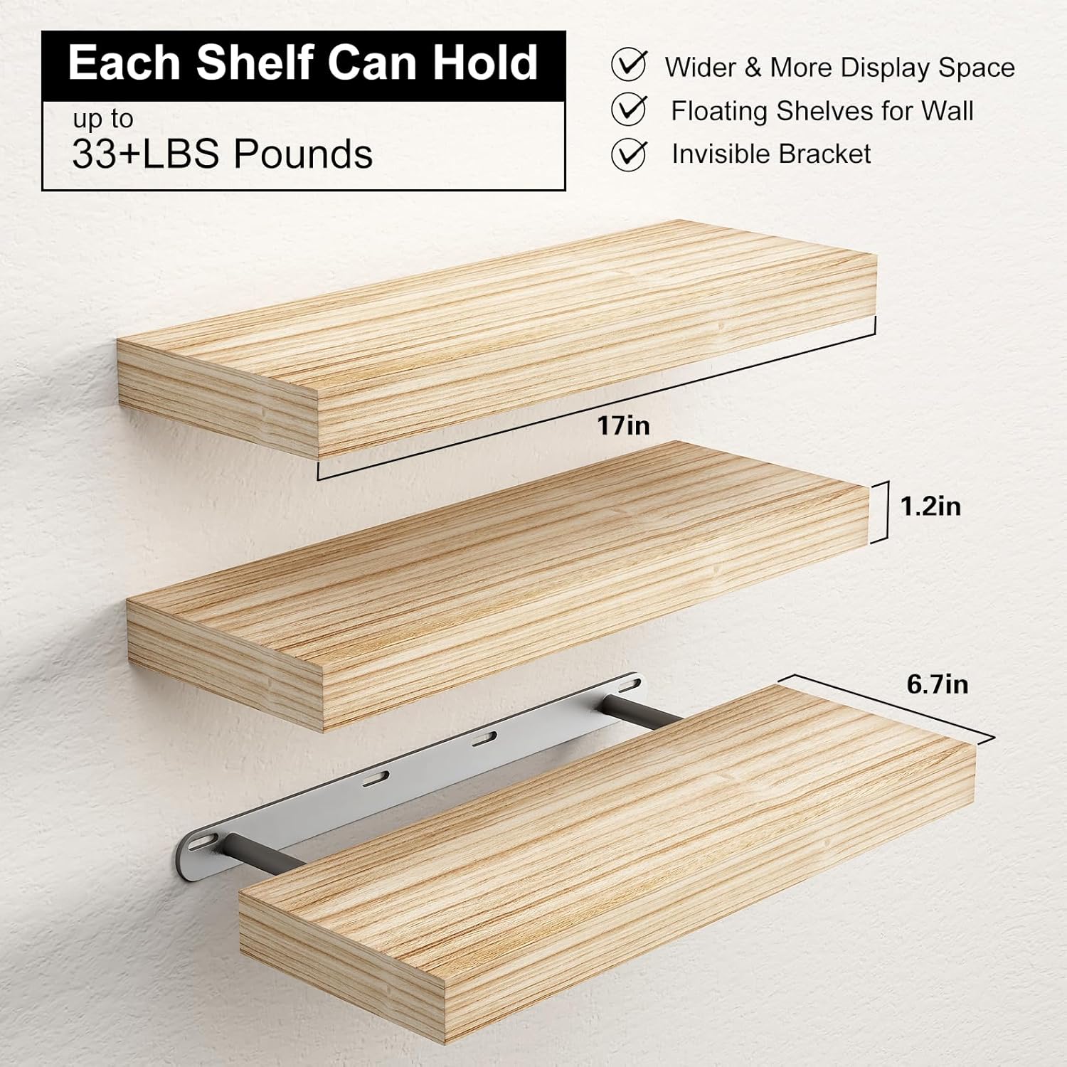 BOFIRE Floating Wall Shelves - 17 Inch Solid Wood Decor