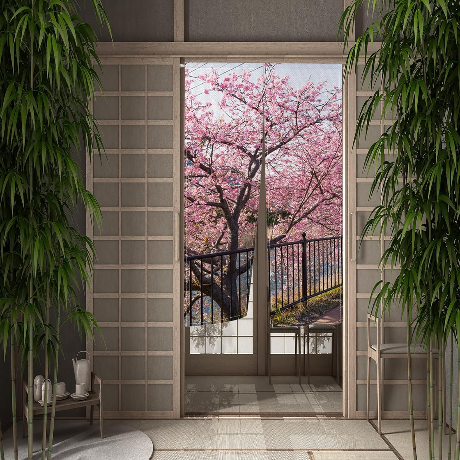 Leowefowa Japanese Noren Spring Pink Cherry Blossom Curtain Panel