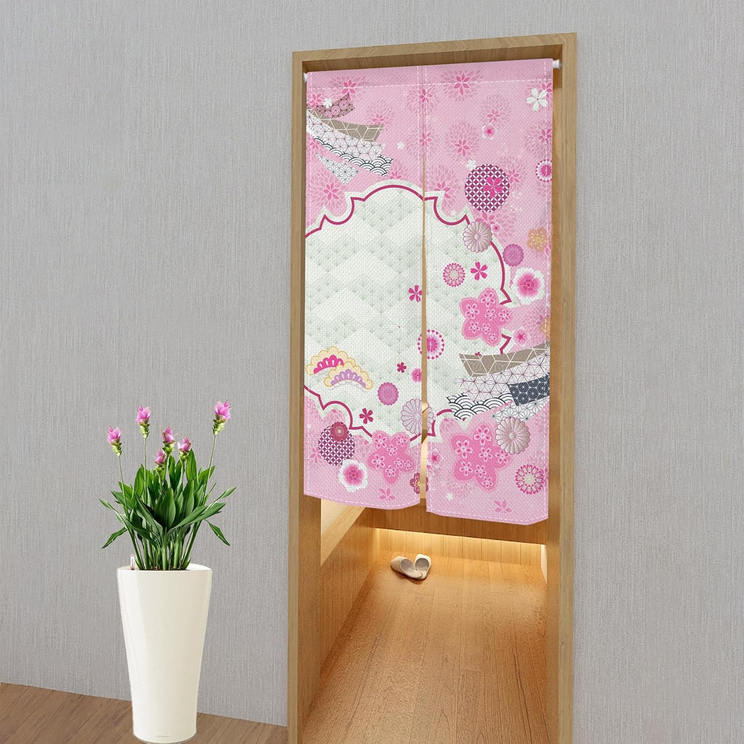 Traditional Japanese Noren Door Curtain Pink Flowers Print 34x60
