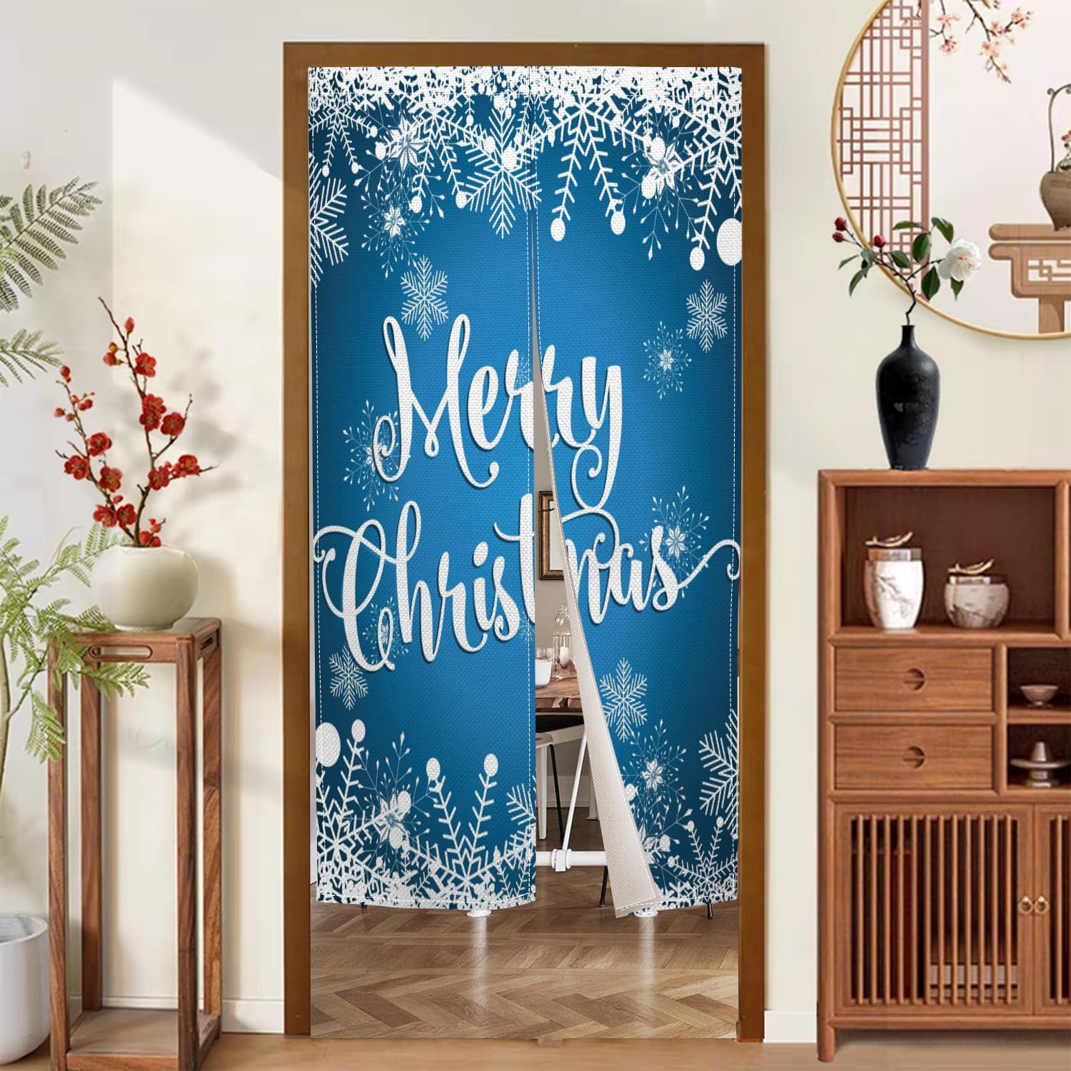 Blue Snowflake Christmas Noren Curtain 34x60