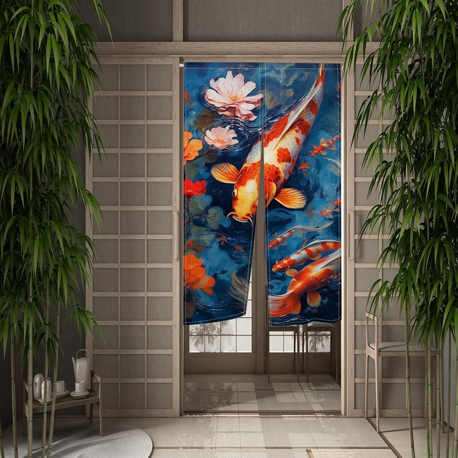 Red White Koi Noren Door Curtain 335 x 59 In