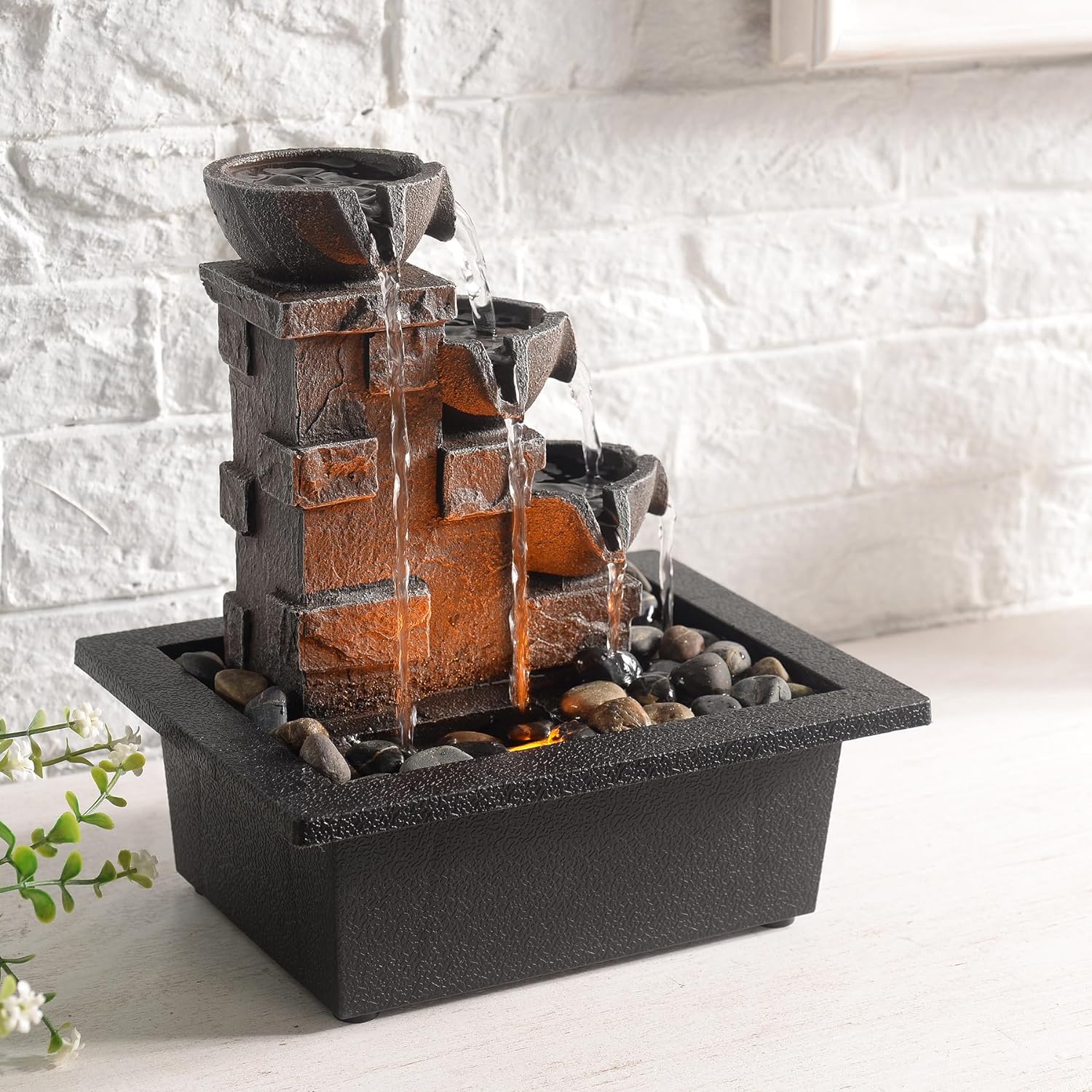 GOSSI 3-Tier Stone Wall Tabletop Fountain with LED Lights