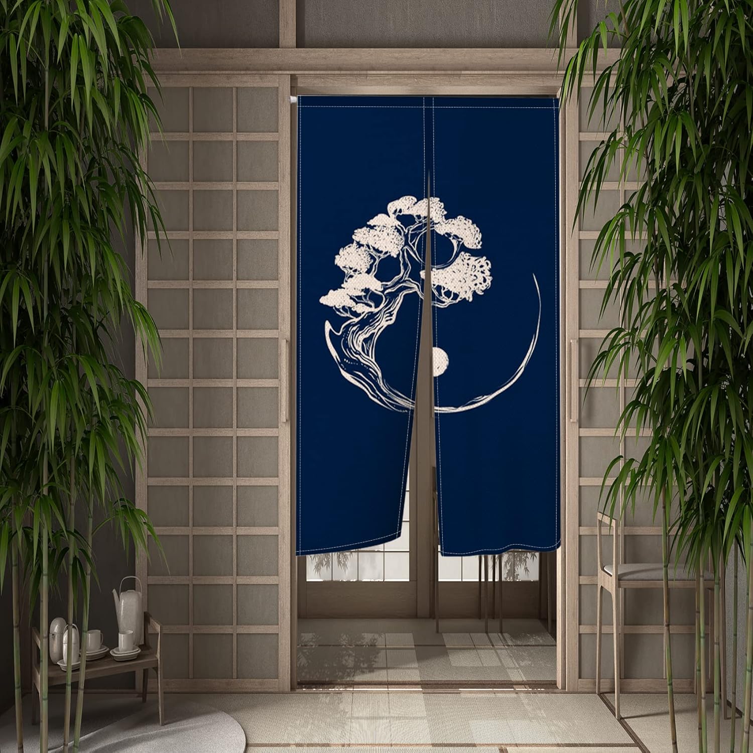 Leowefowa Deep Blue Door Curtain with Abstract Pattern