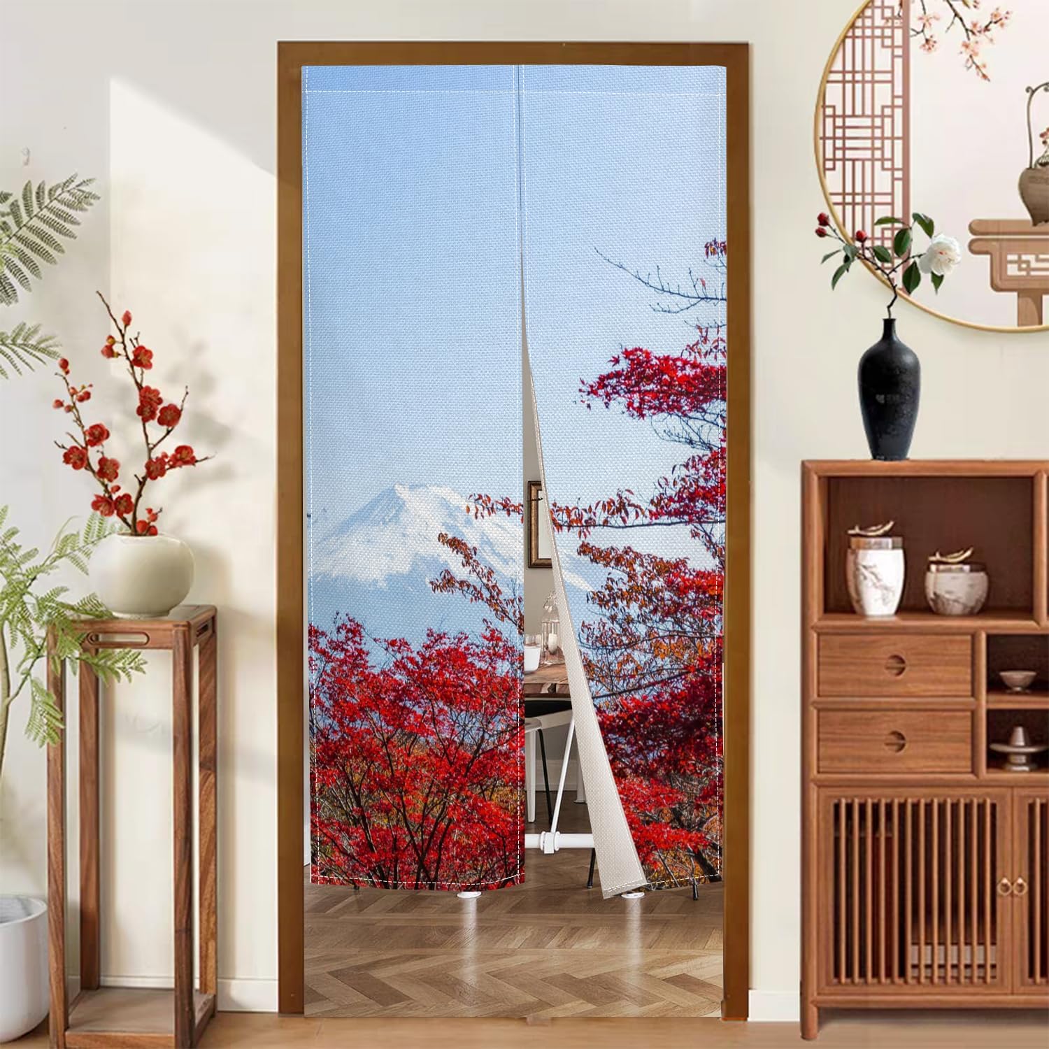 Japanese Style Door Curtain Red Maple Leaf Print 34x60 Inches