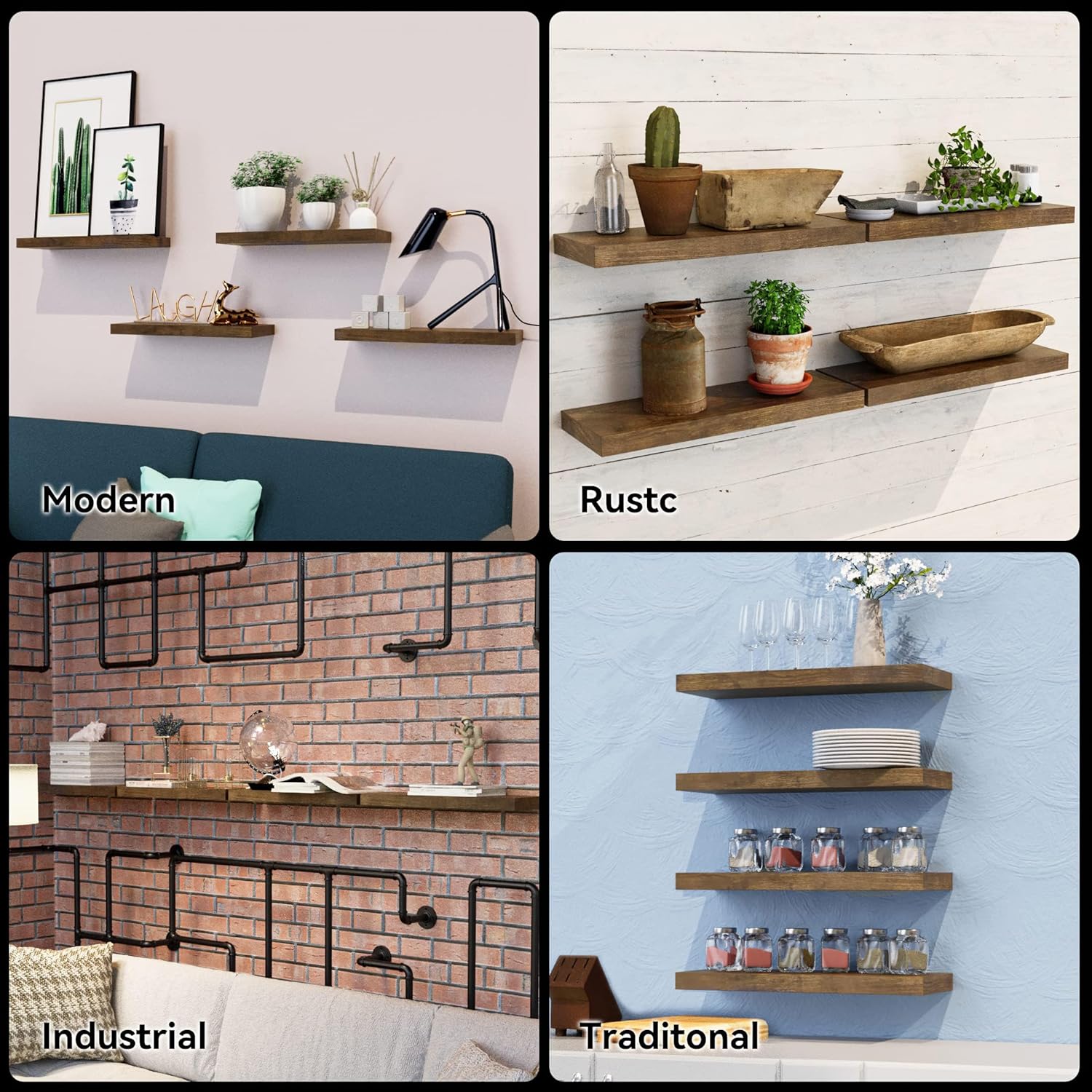 Boswillon Floating Shelves 4 Set Modern Wall Mounted Storage Shelves Rustic Brown