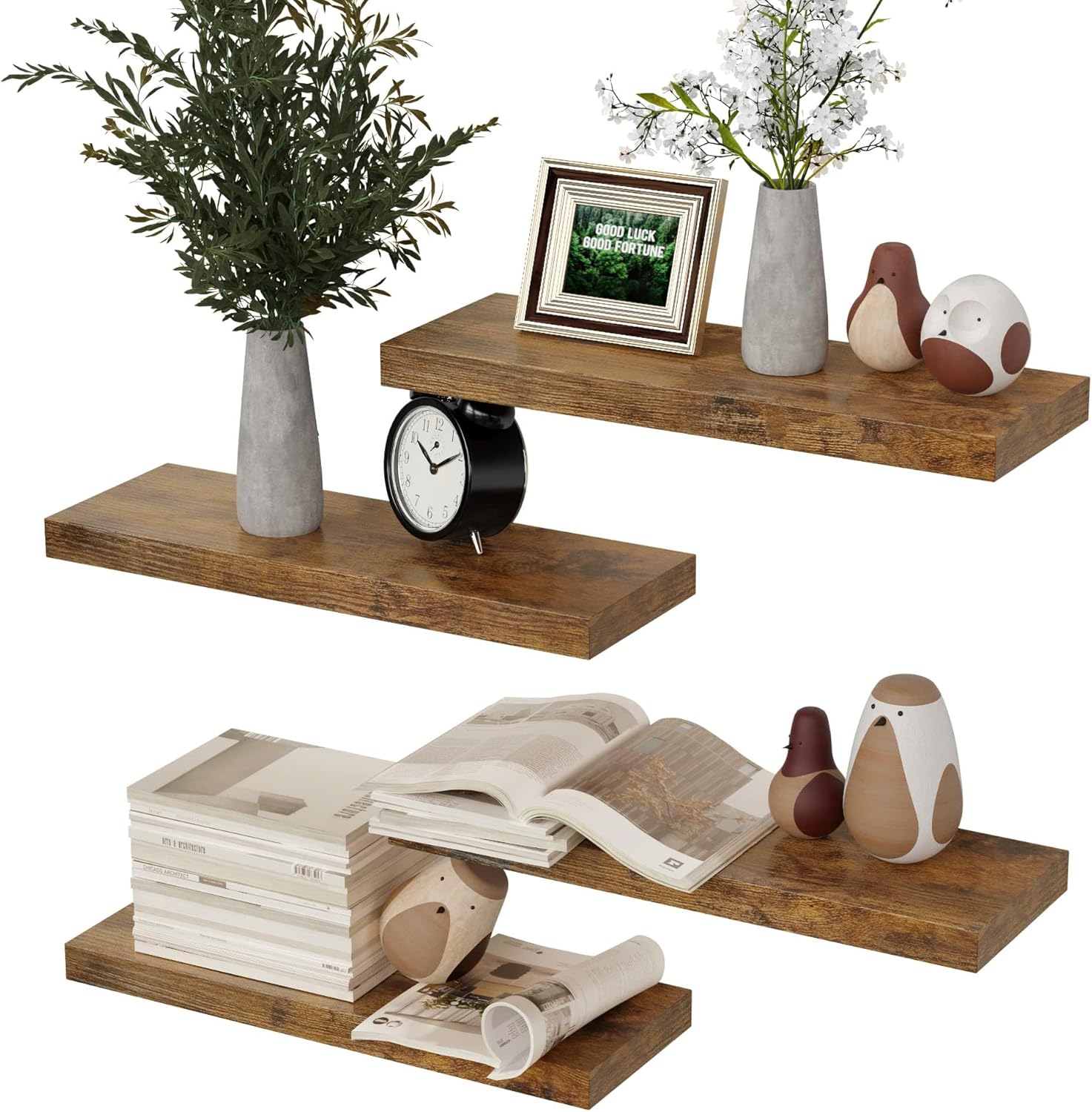 Boswillon Floating Shelves 4 Set Modern Wall Mounted Storage Shelves Rustic Brown