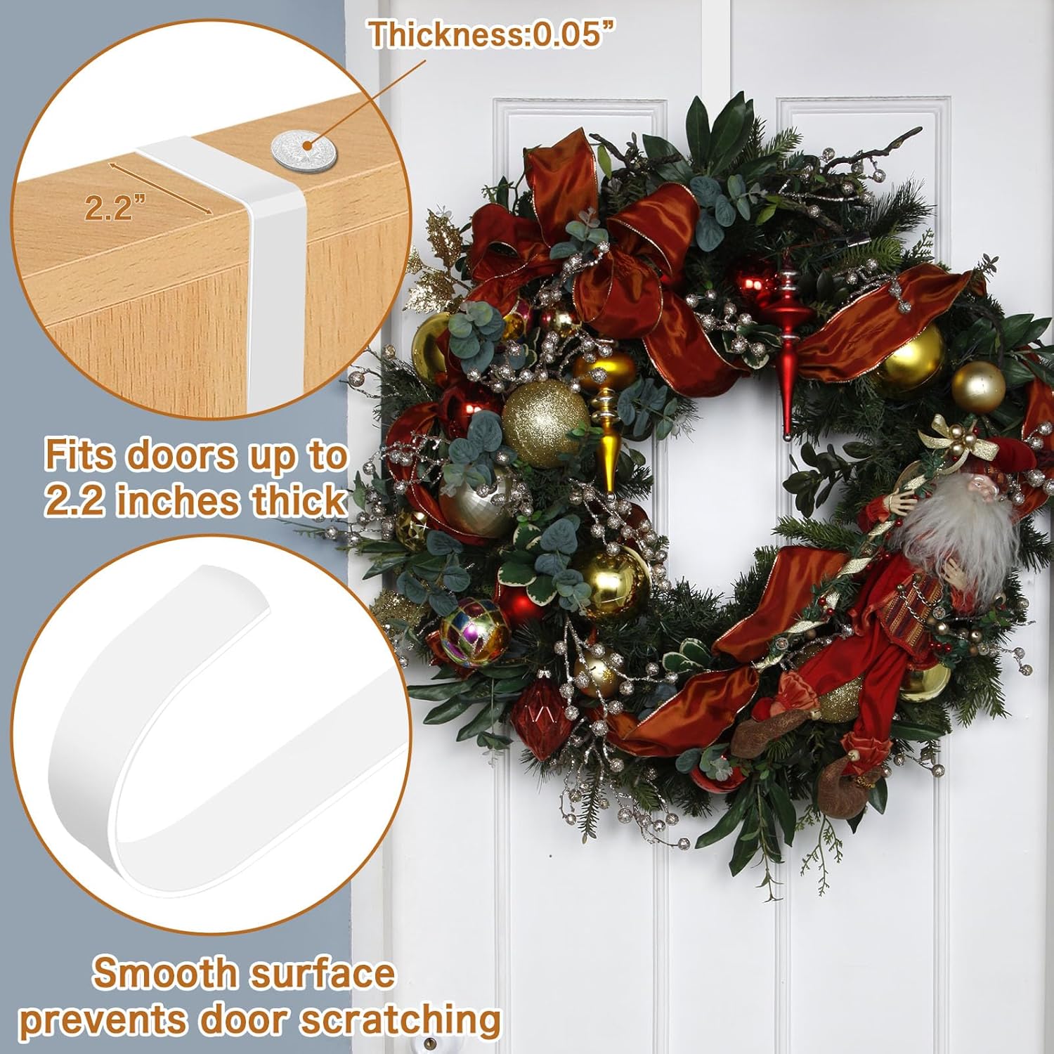 4 Pack Wreath Hangers for Front Door - White