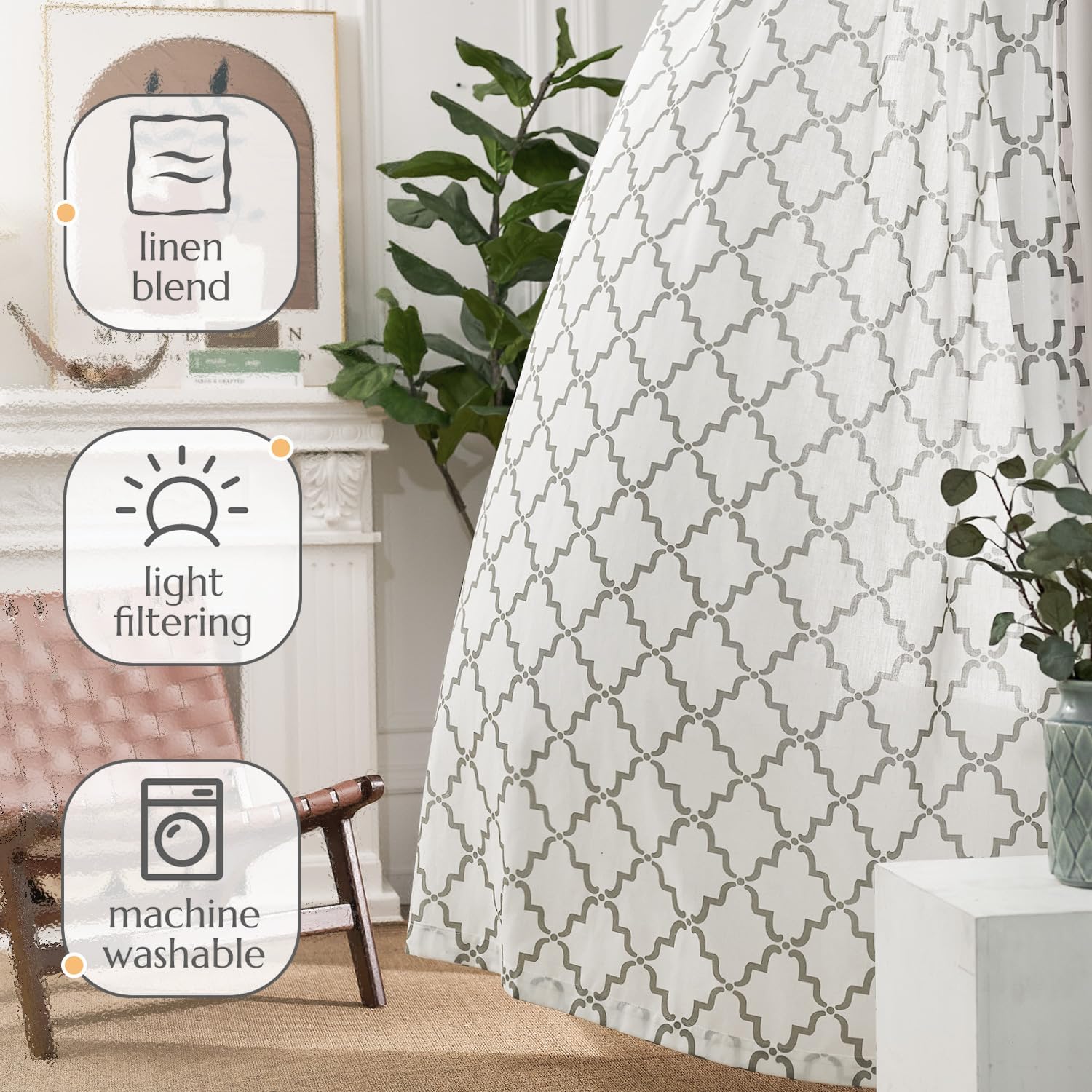 Jinchan Linen Curtains Moroccan Trellis Print Grey 2 Panels Rod Pocket