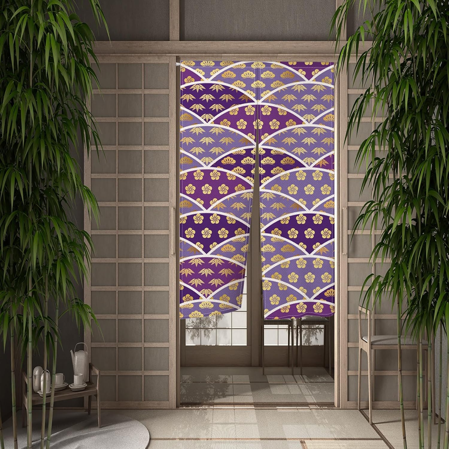 Japanese Noren Door Curtain 34x48 Inch Flower Leaves