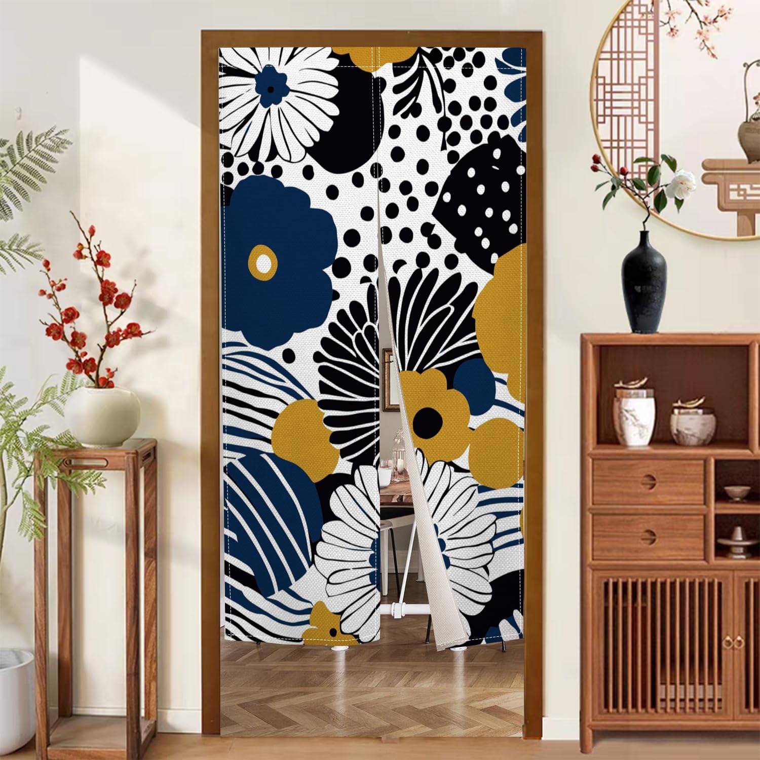 Blue Yellow Floral Noren Door Curtain Panel 335x709