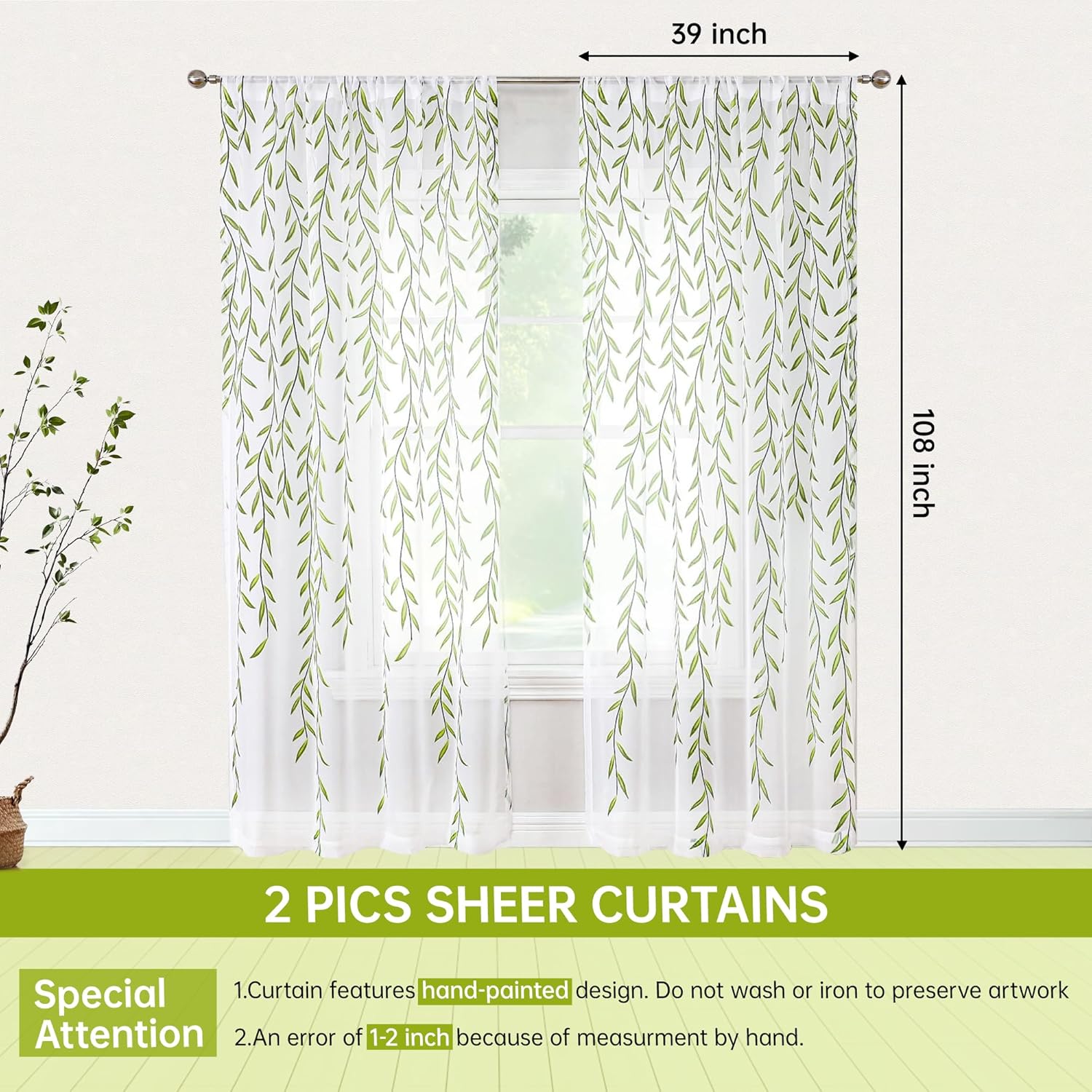 108 Inch Sheer Curtains with Green Leaf Pattern 2 Panels Set
